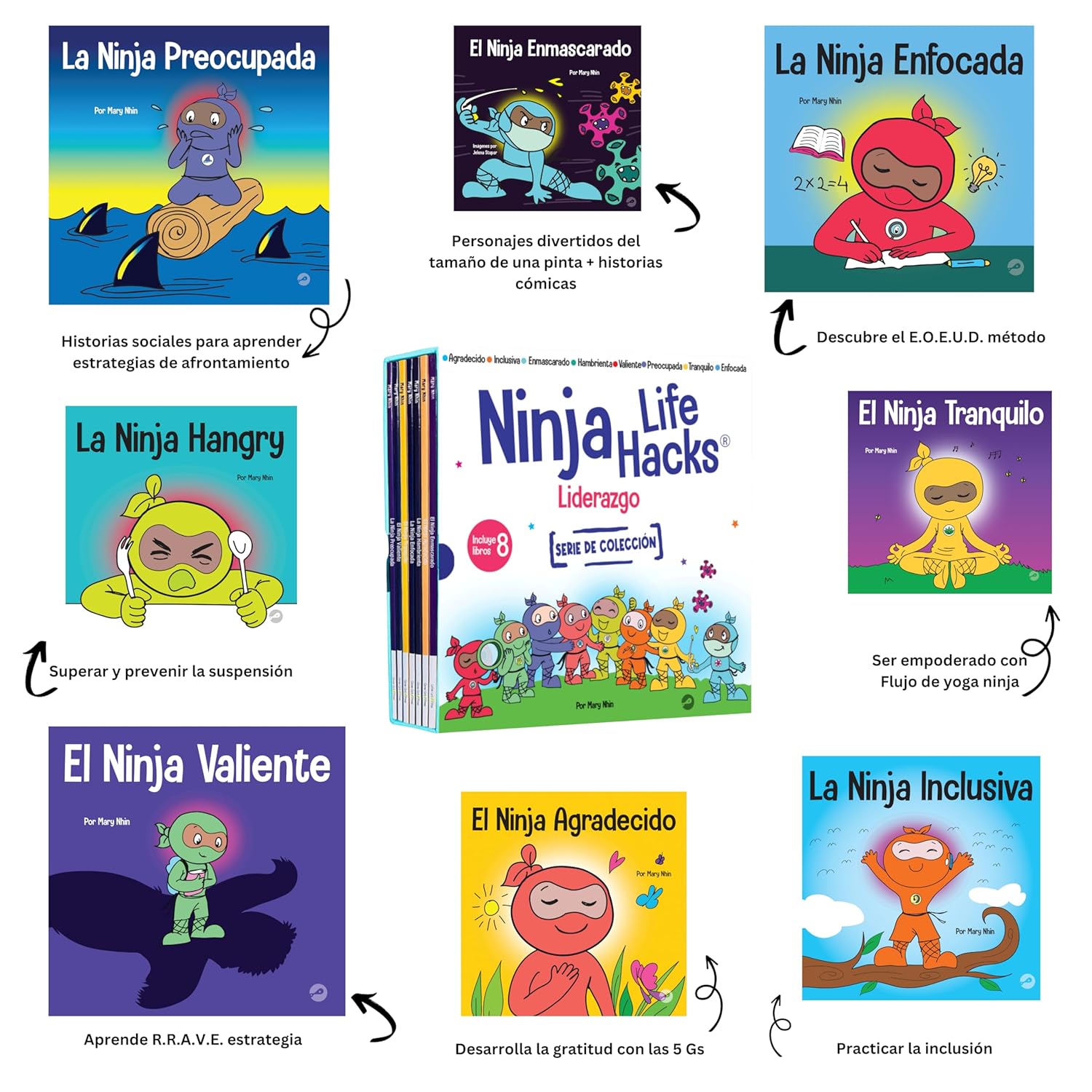 Liderazgo SERIE DE COLECCIÓN, libros 17-24: La Ninja Inclusiva, El Ninja Enmascarado, El Ninja Agradecido, La Ninja Hambrienta, La Ninja Enfocada, El ... La Ninja Preocupada (Spanish Edition)      Paperback – September 8, 2023