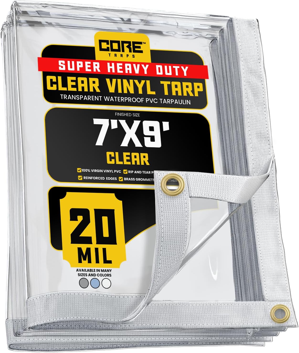 Core Tarps 20 Mil Extreme Heavy Duty Clear Tarp with Gromments - 7x9ft Super Clear Tarps Heavy Duty Waterproof Vinyl Tarpaulin, Transparent Tarp for Outdoor, Camping &amp; Construction, Clear