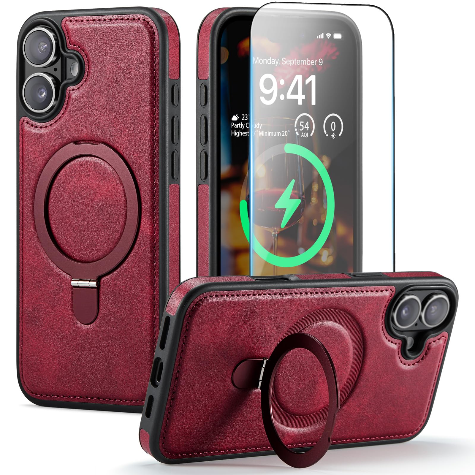 CHEEWADA for iPhone 16 Case with Stand Compatible with Magsafe Thin Slim PU Leather & Durable TPU Drop Proof Magnetic Kickstand Protective Phone Cover