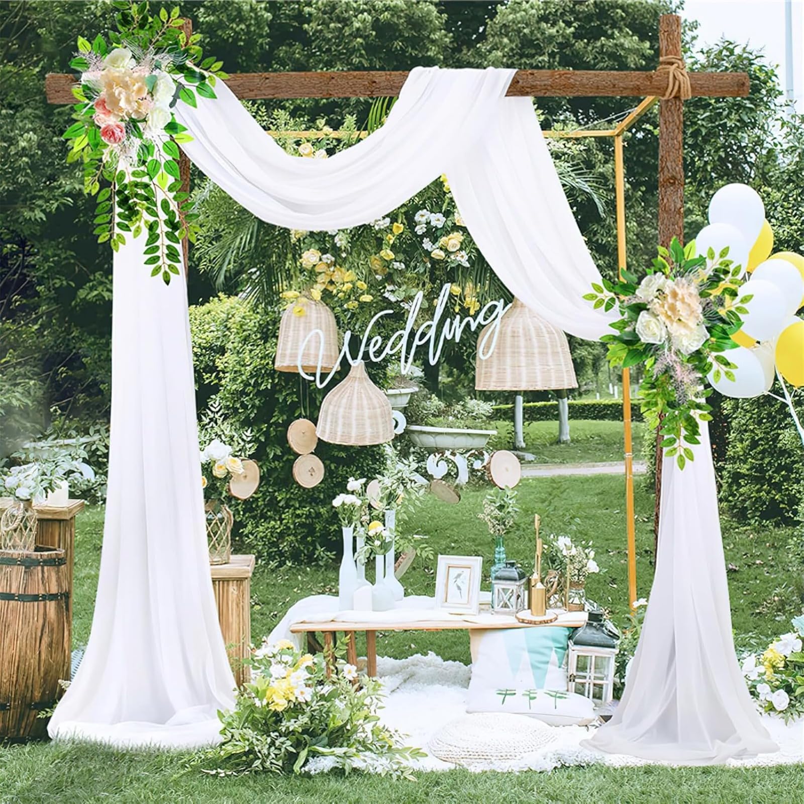 2 Panels Hochzeit Bogen Sheer Vorhänge Hintergrund, Vorhang Weiß Traubogen Hochzeit Chiffon Stoff Tüll Gardine, 600x75cm Gardinen für Laube Hochzeit Torbogen Zeremonie Fotografie Party (2pc,schwarz)