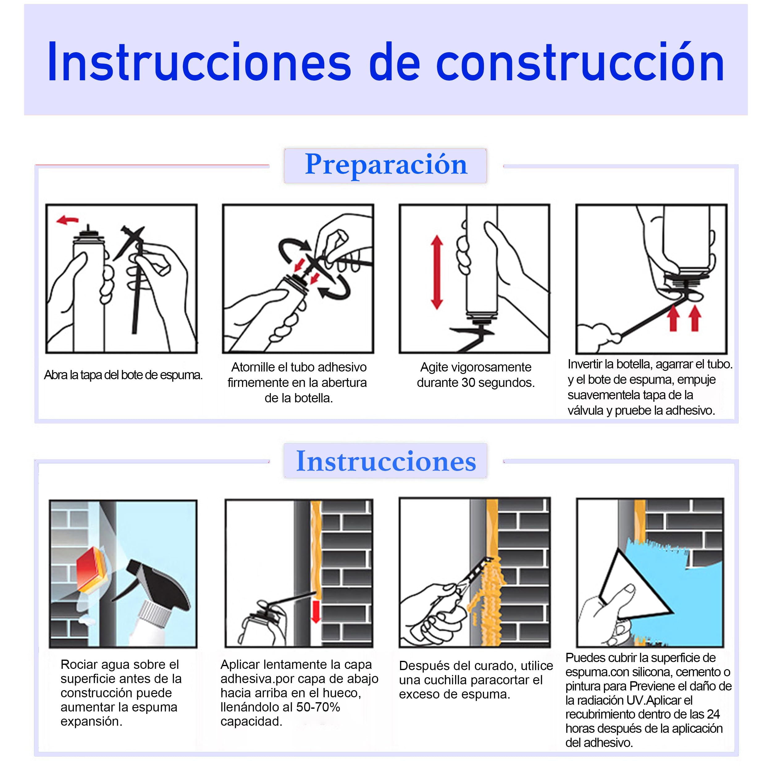 Espuma de Poliuretano de Alta Expansión Multiuso, 750 ml, con Cánula - Aislamiento Efectivo Contra Calor, Frío, Corrientes de Aire, Humedad y Ruido - Pack de 8 Unidades