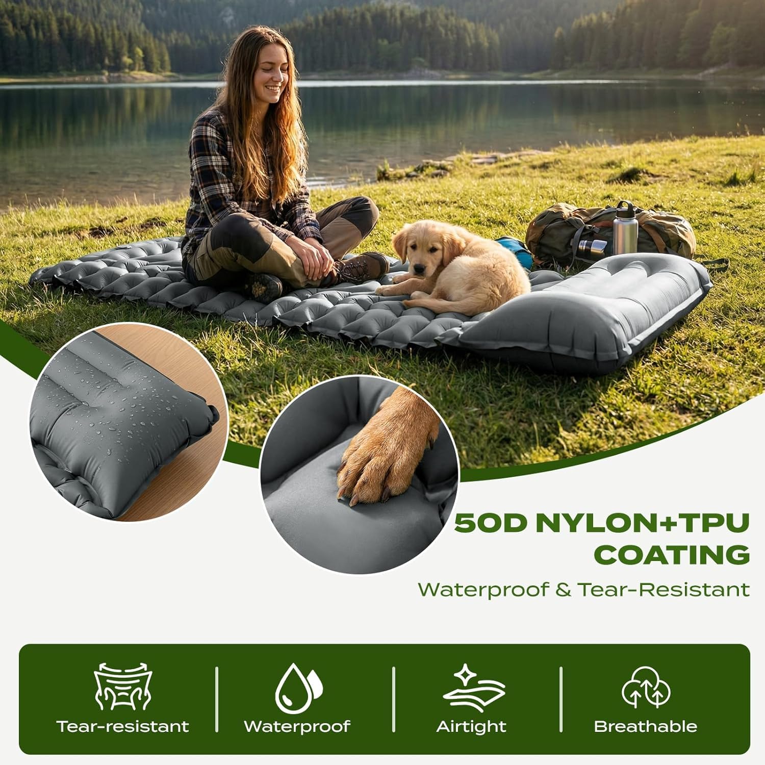 Isomatte Camping mit integrierter Fußpumpe 8cm Dicke Aufblasbare Campingmatte Outdoor, Wasserdicht & Reißfest 50D Nylon Ultraleicht Luftmatratze für Zelt, Wandern, Grau, 193x68x8cm