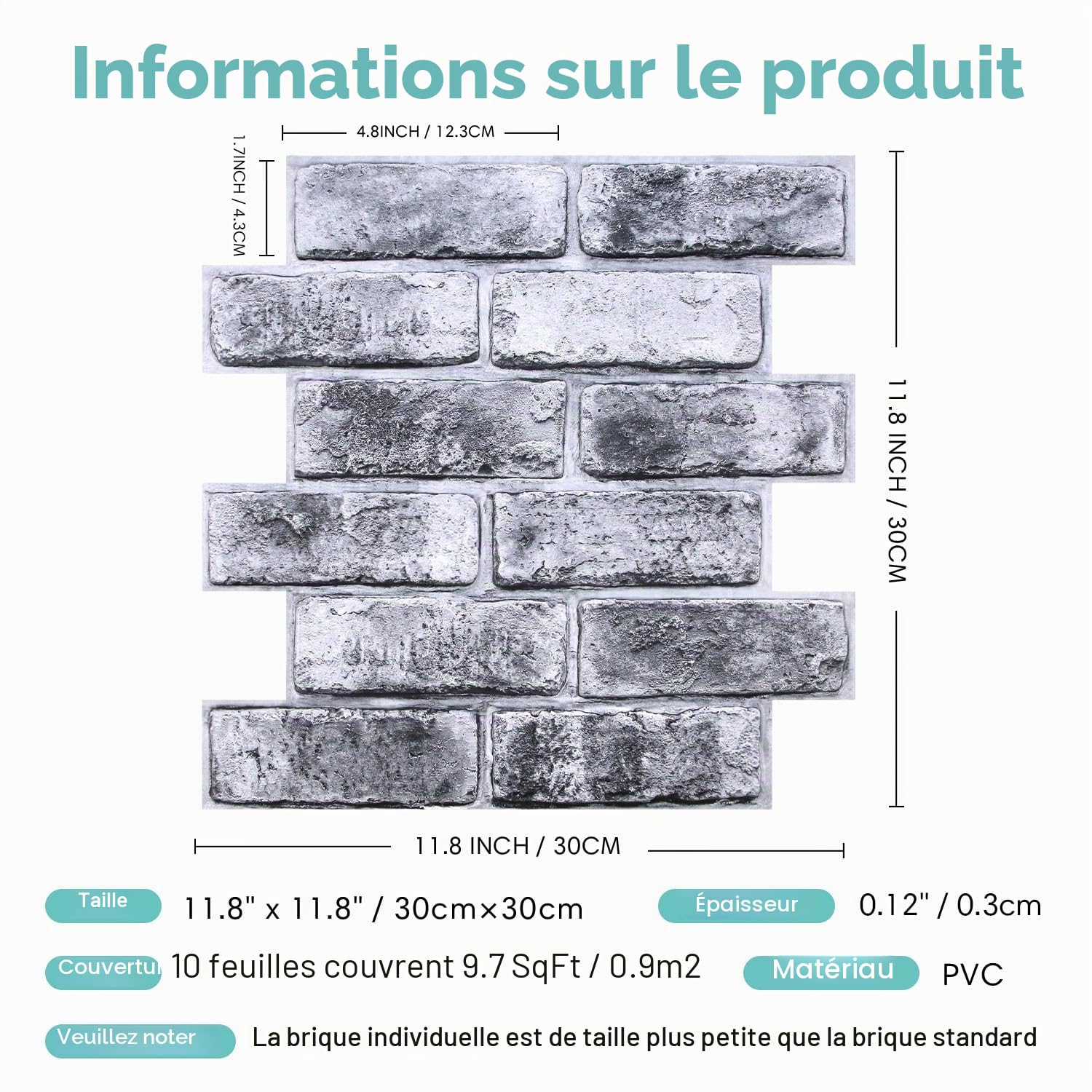 Commomy Panneaux Muraux 3D Fausse Brique Murale, Panneau Mural Décoratif Revêtement Mural, 10 Pièces, 30x30 cm, Dalle PVC Adhesive Murale Pour Salon Chambre à Coucher Cuisine Décoration Intérieure
