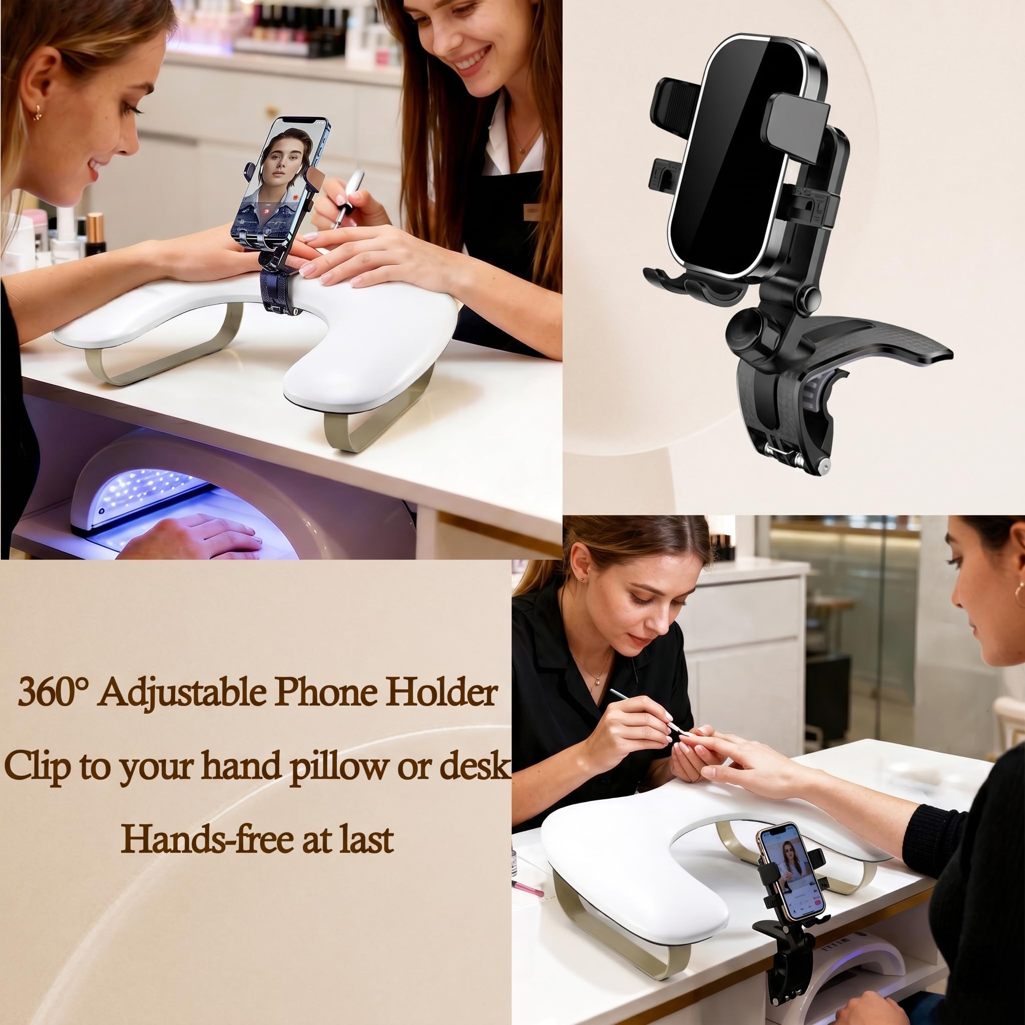 Reposabrazos para uñas con soporte para teléfono: plegable/ajustable/giratorio de 360° - Reposabrazos en forma de U para uñas con reposapiés curvado dorado - Reposamanos de ángulo de inclinación de 45
