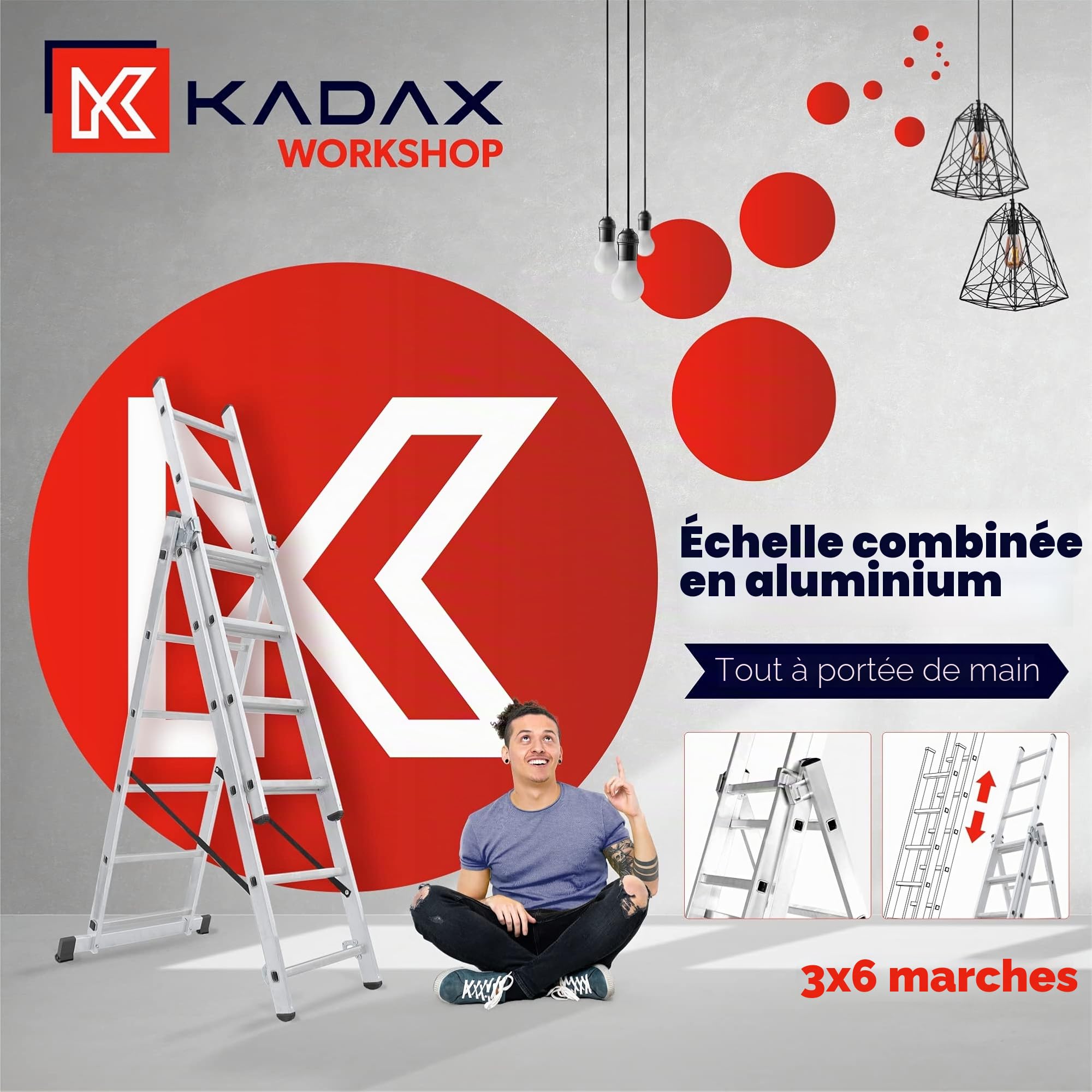 KADAX Échelle Transformable de 3 Plans, Échelle Coulissante en Aluminium, Échelle Double pour Travaux Domestiques et Professionnels (6 Marches)