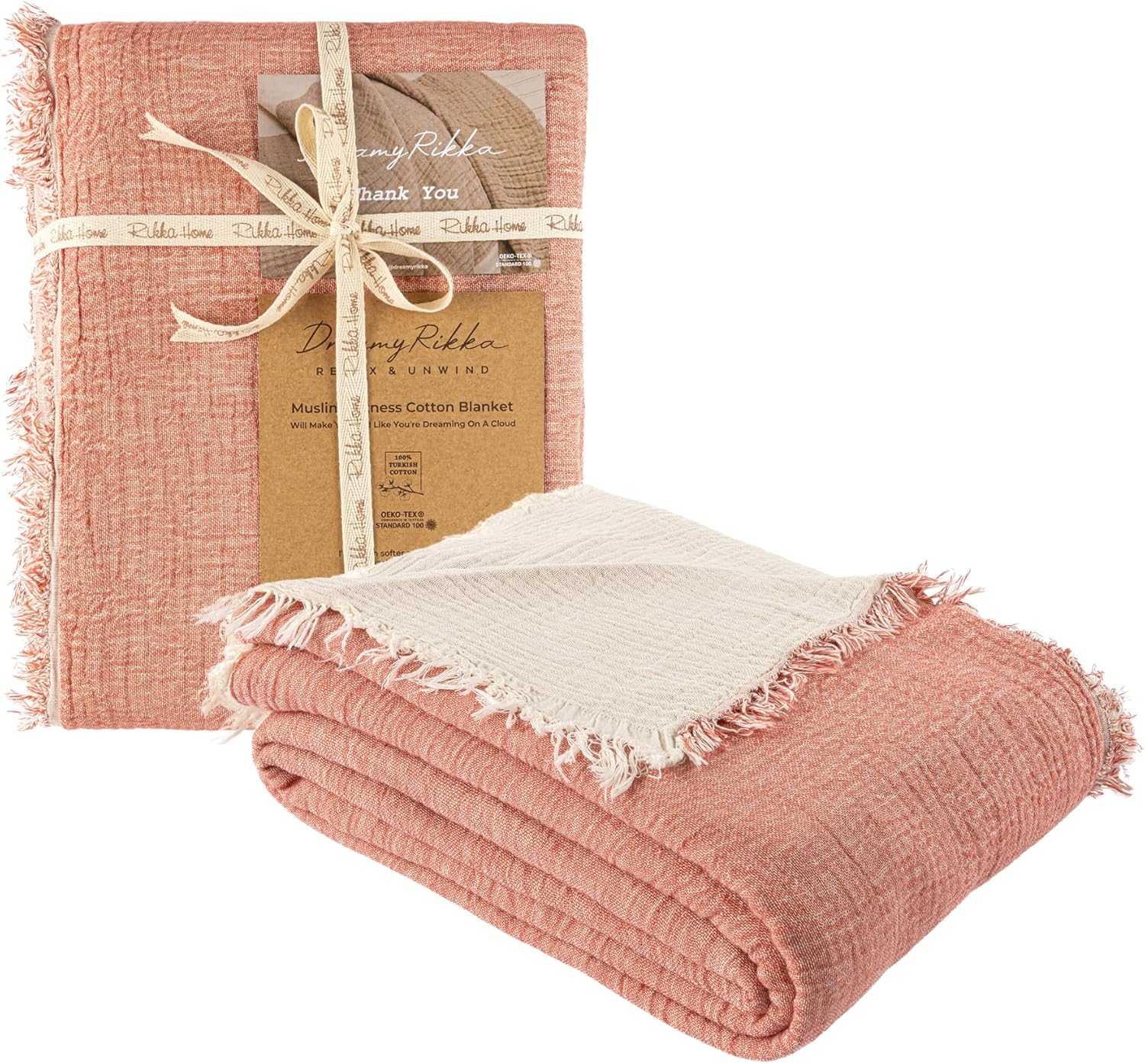 Muslin Blanket Queen Size 83″x89″ for Adults Turkish Cotton Breathable Lightweight Fluffy Gauze Bed Blanket for Bed Couch Oeko Tex 3 Layer Peach Ivory