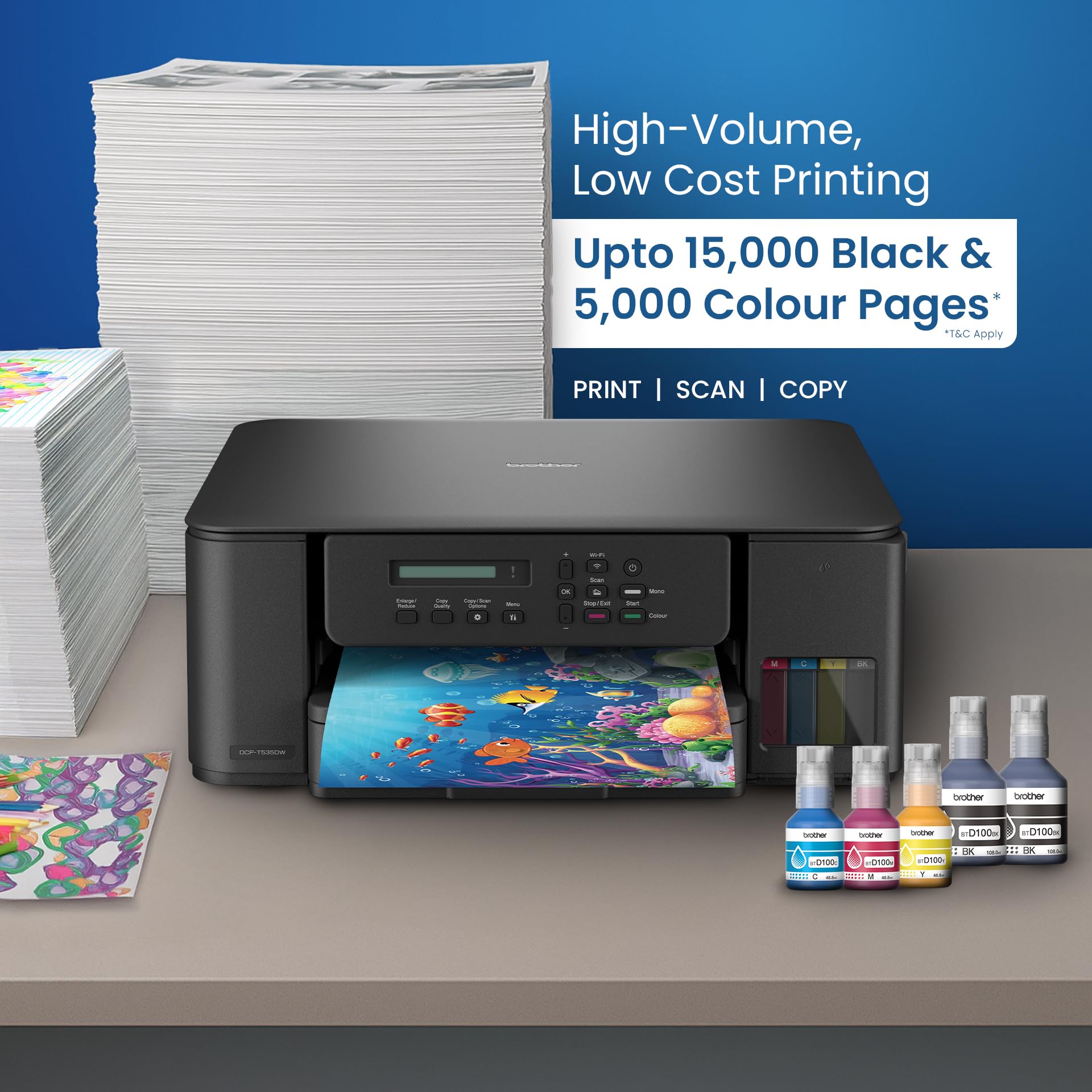 Brother Ink Tank DCP-T535DW New Launch (Print Scan Copy) WiFi Auto Duplex Printer, 128MB Memory, Print Pages Upto 15K in Black & 5K in Color Each (CMY) Get an Extra Black Ink Bottle, Free Installation — Amazon image 2