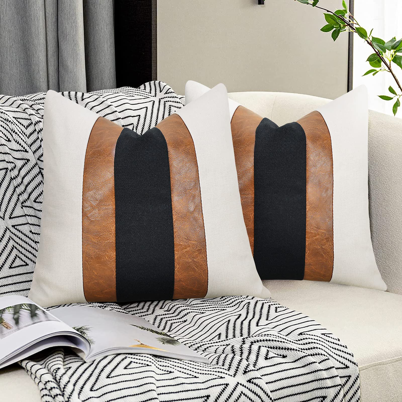 JASEN Black and White Leather Throw Pillow Covers Brown Faux Leather Decorative Pillow Cover Boho Modern Stripe Accent Cushion Cover Couch Bed Sofa