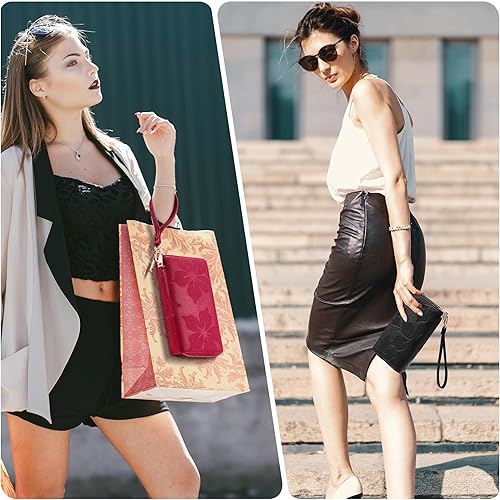 Miniatura 9 de Espera Cartera de mujer con bloqueo RFID de gran capacidad, tarjetero con doble cremallera, de cuero, con cartera para mujer con correa para la