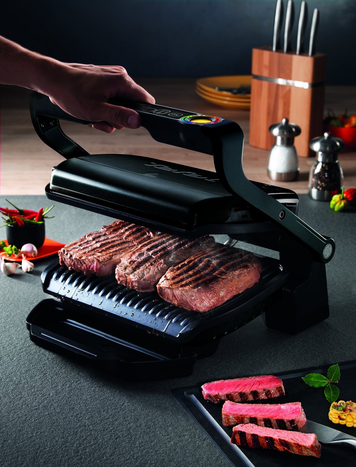 TEFAL GC7128 OPTIGRILL+ Kontaktgrill schwarz [6 Automatikprogramme; manueller Modus mit 4 Temperaturstufen; perfekte Grillergebnisse dank Messung der Dicke]
