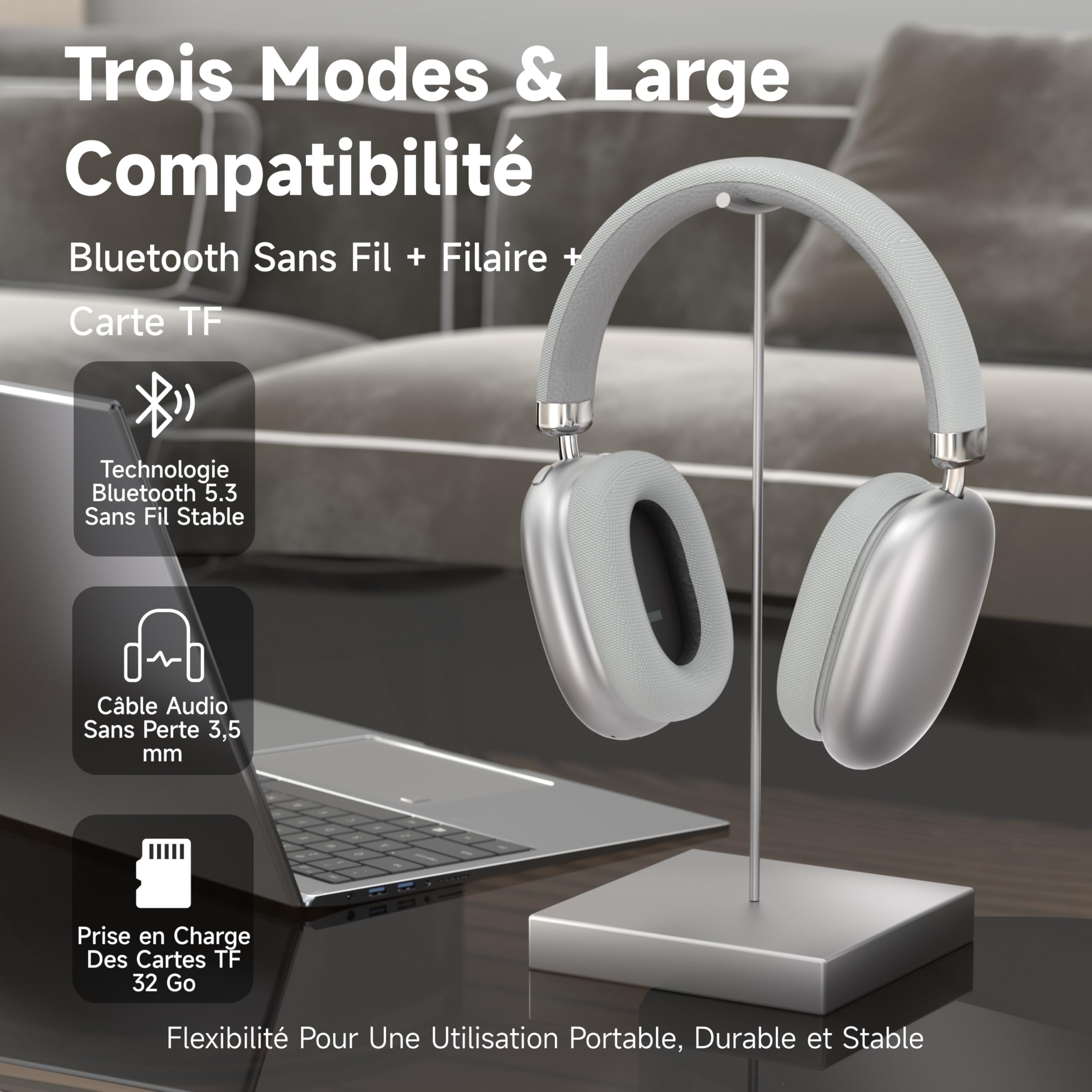P5 Casque Bluetooth 5.3 sans Fil Gaming, Casque Audio Filaire, Headphones Bluetooth Léger et Réglable avec Microphone, pour Apple, Android, TV et Samsung, pour Le Sport et Les Voyages (Argent)