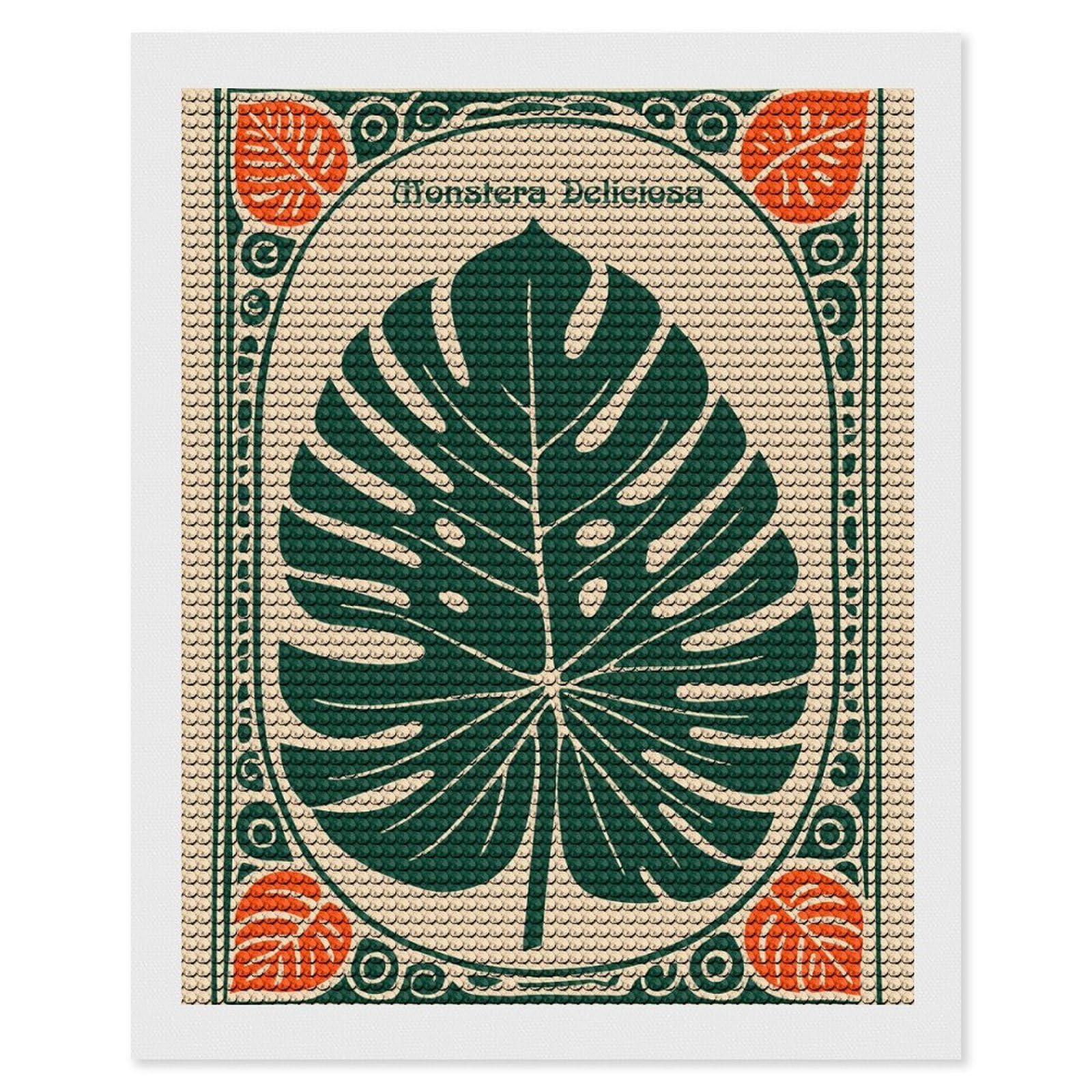 Junmoney Monstera Deliciosa Leaf Illustration Round Drill Diamond Painting 16"x20", Satisfying Creative Project, Complete Accessories, Printed Canvas