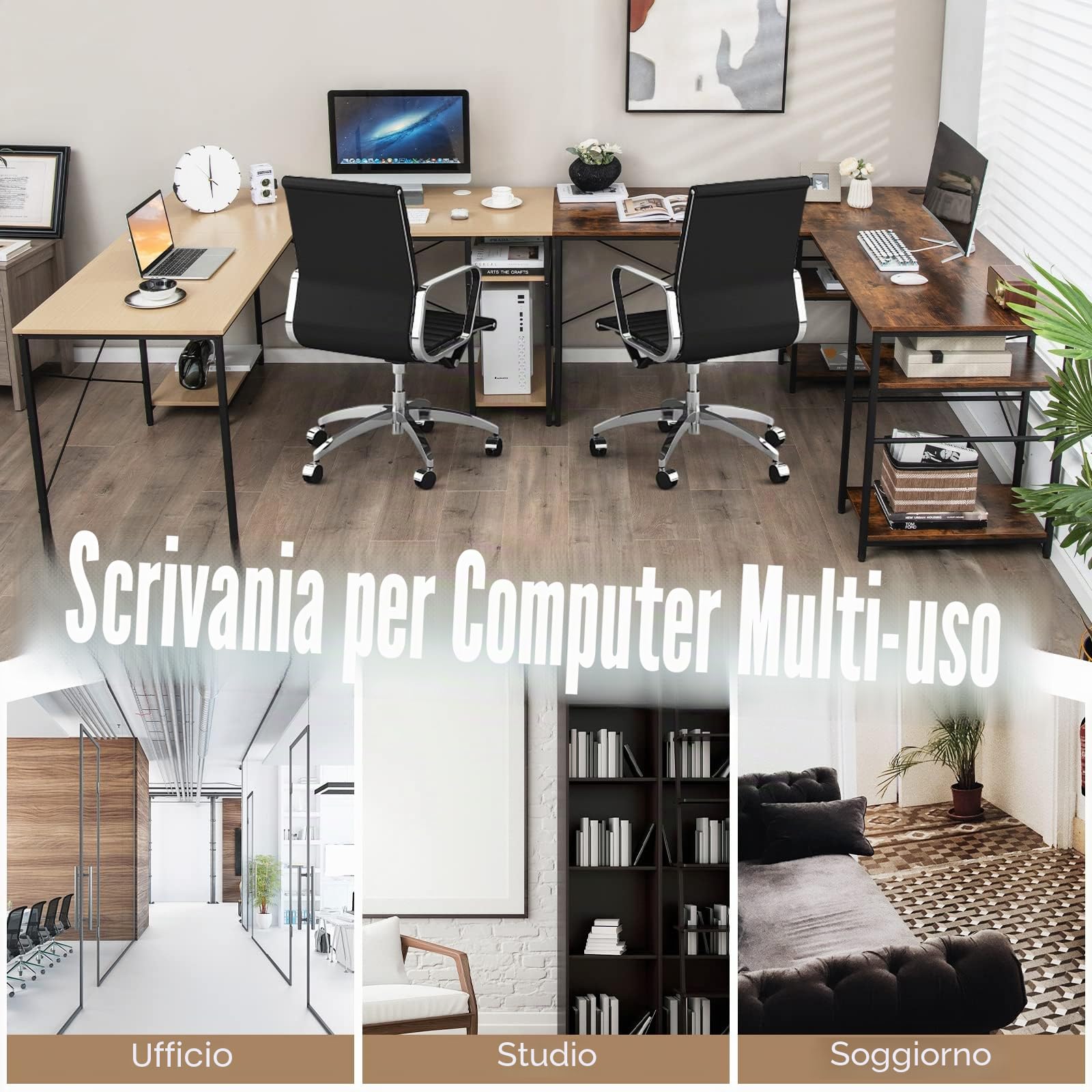 GIANTEX Scrivania angolare a forma di L, tavolo per computer convertibile con 4 ripiani e 3 fori per cavi, scrivania da gioco e scrittura per ufficio a casa (naturale)