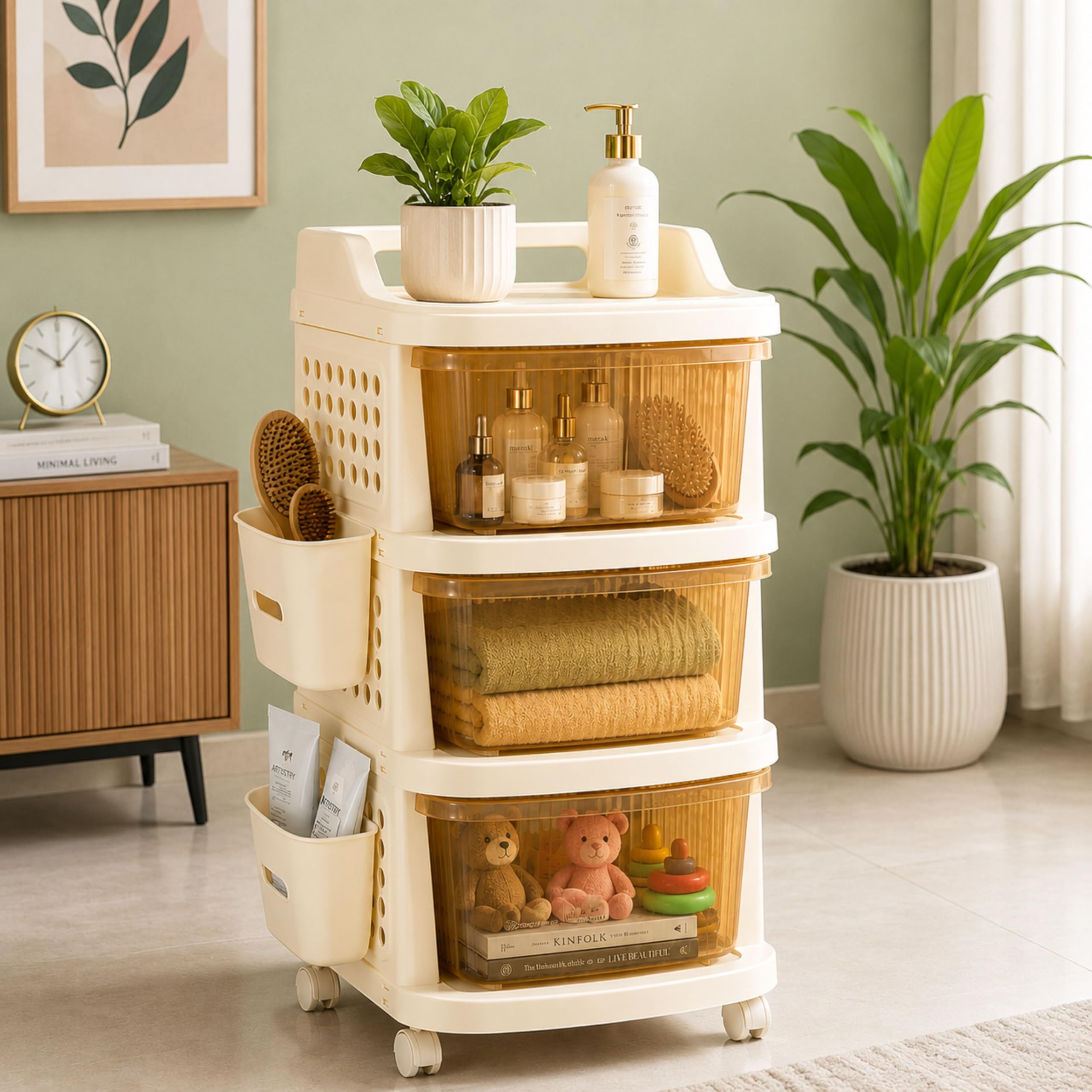 3 Tier Plastic Storage Drawer Cabinet with Wheels/Modular Storage Drawer Organizer with Side Basket & Integrated Handle/Plastic Storage Trolley Rack for Home/Kitchen– (Transparent Ivory)-picture-15
