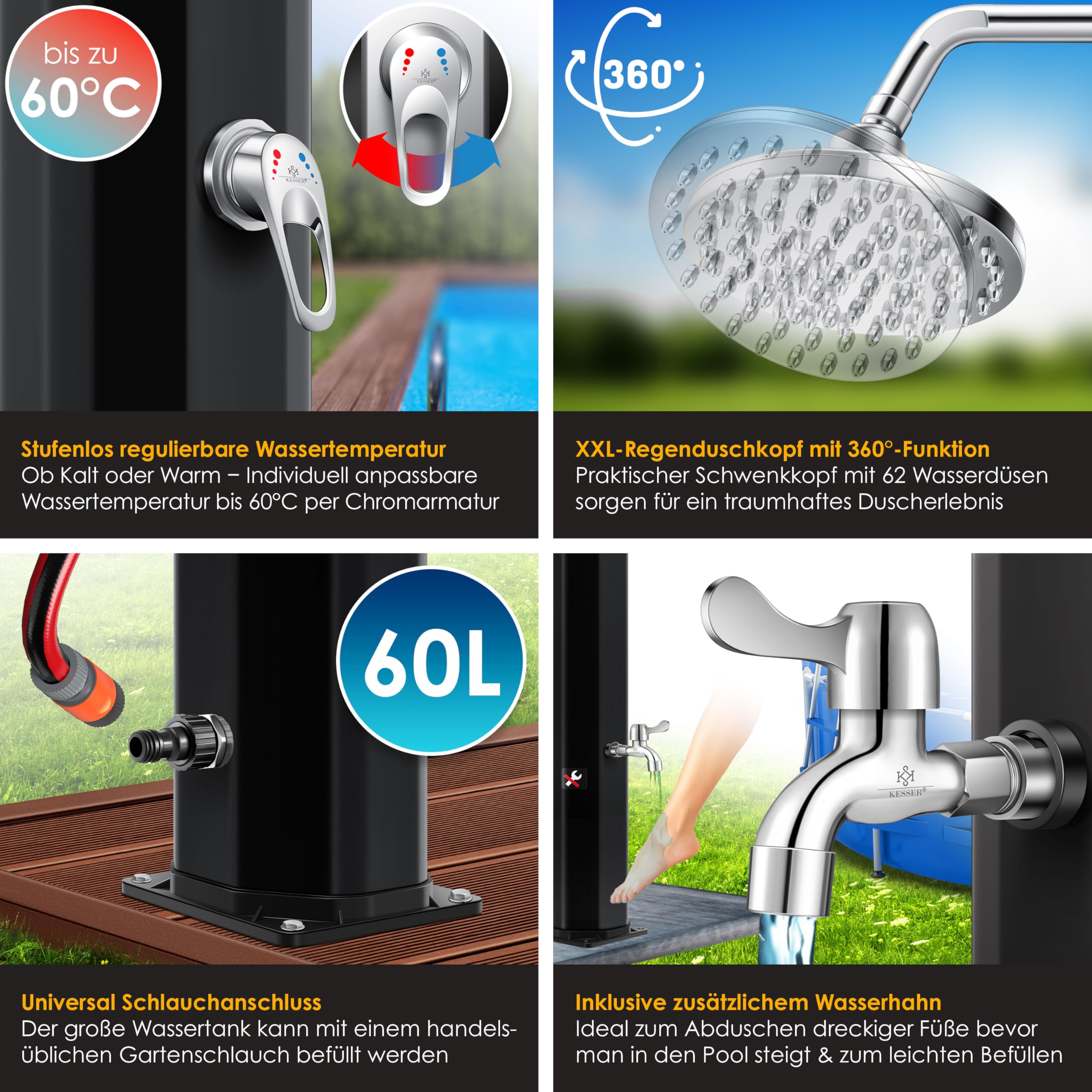 KESSER® Solardusche 60L Gartendusche, Solar Dusche für Garten & Pool mit warmem Wasser, Pooldusche ohne Strom, Regenduschkopf & Wasserhahn mit Gartenschlauch-Anschluss + Ablage, Schutzhaube