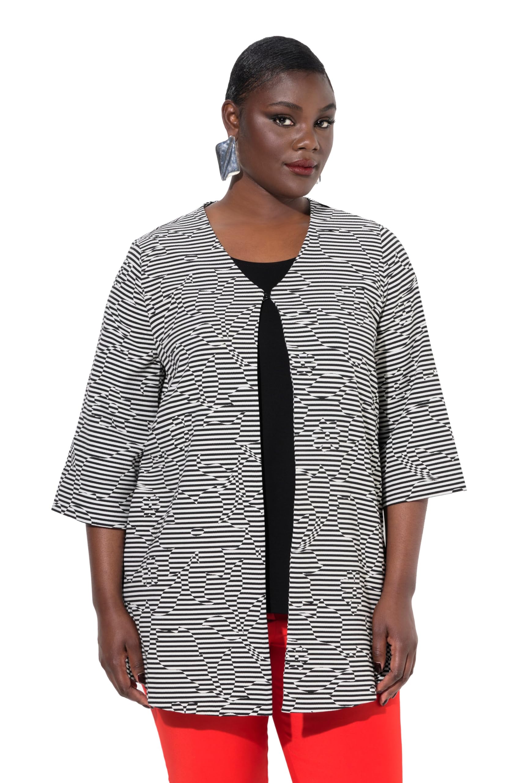 Ulla Popken Damen große Größen Übergrößen Plus Size Jacke, Streifen, V-Ausschnitt, 3/4-Arm, Hakenverschluss 835175