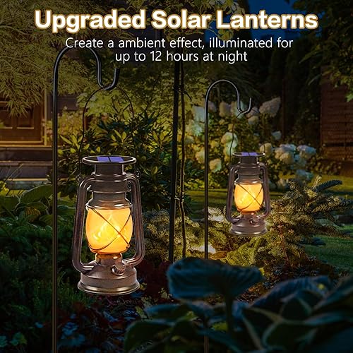 Miniatura 7 de Faroles solares impermeables para exteriores, paquete de 2 linternas vintage de bronce con llama bailarina luces colgantes LED, lámparas para