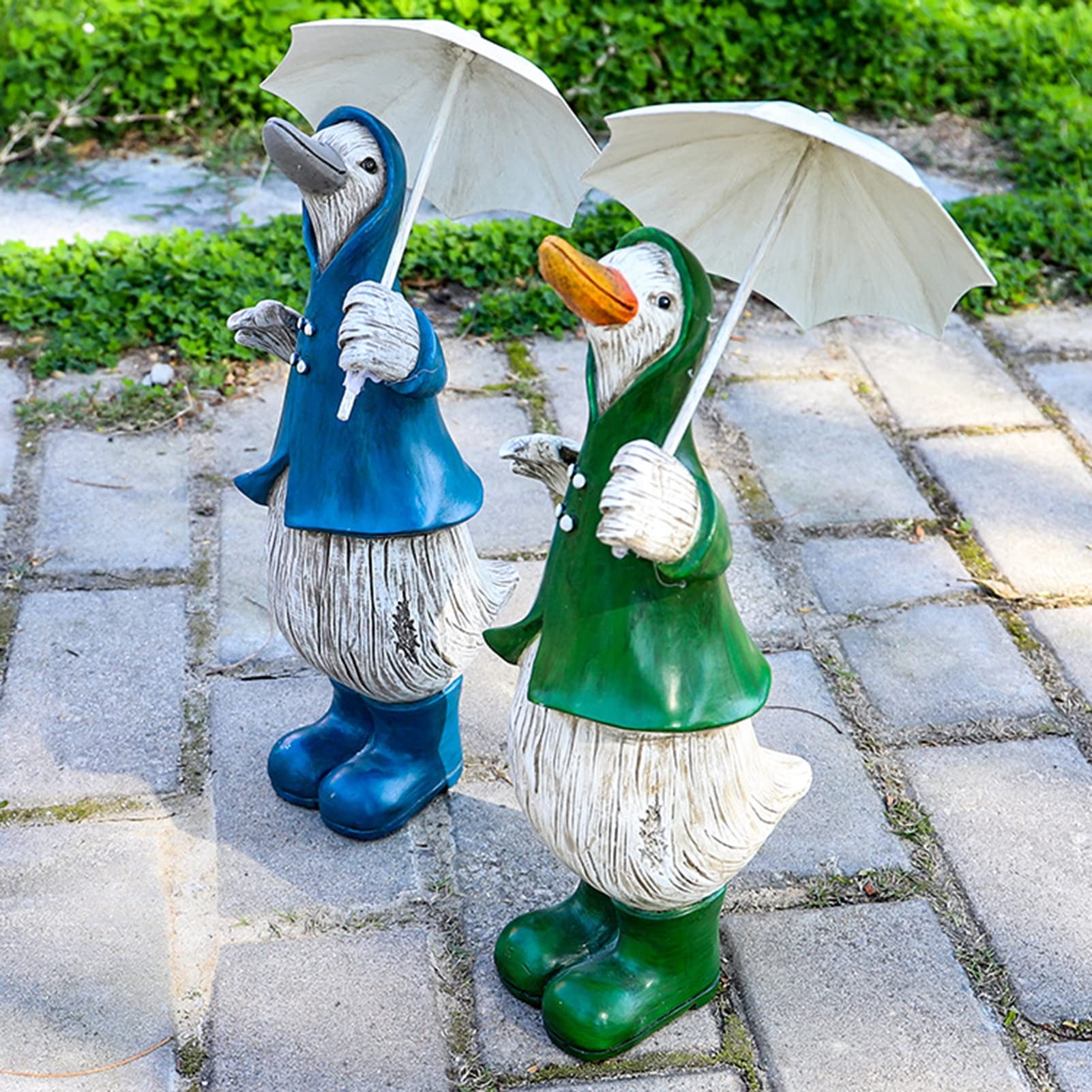 Figurka zwierzęcia ogrodowego, realistyczna rzeźba z kreskówki kaczki z parasolem, trwała żywiczna statua, ozdoba patio, podwórka, biura lub trawnika, zielona(Niebieski