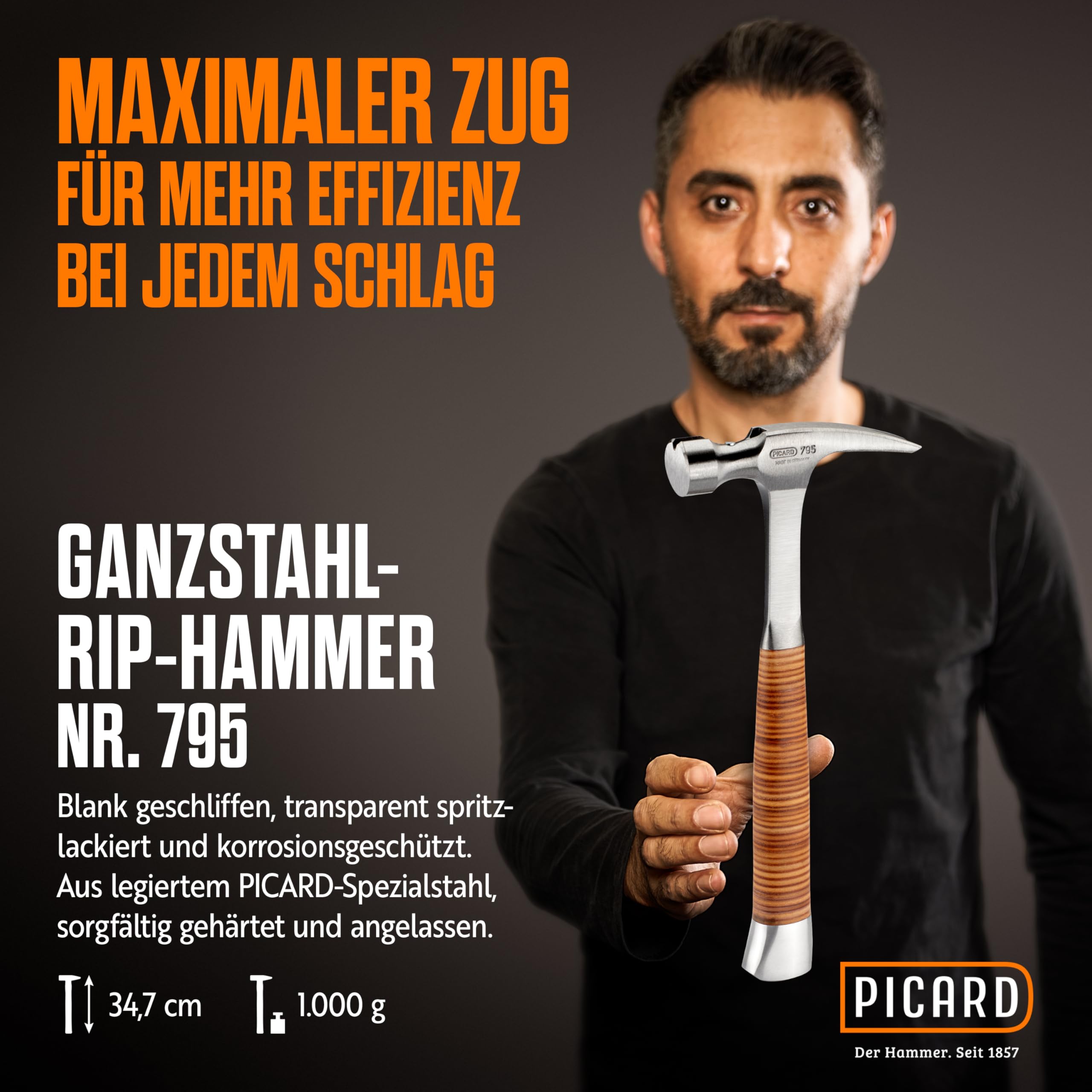 PICARD Ganzstahl-Rip-Hammer Nr. 795 glatt 1000g | Amerikanische Form | Magnetischer Nagelhalter | Ergonomischer Ledergriff | Korrosionsgeschützt | Effizientes Design | Made in Germany seit 1857