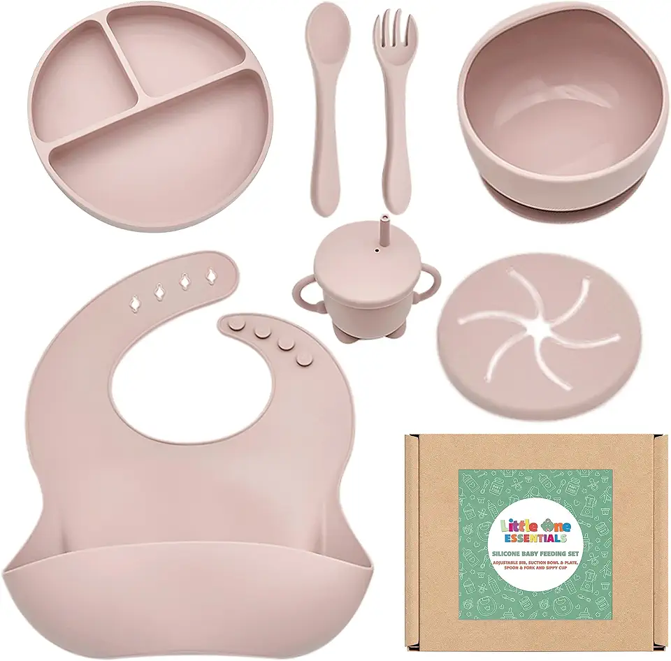 Silicone Baby Feeding Essentials Set 7 Pack, Feeding Supplies for Toddlers with Suction Plate, Bowl, Bib, Spoon & Fork, Water & Snack Cup, BPA Free - Dust Pink