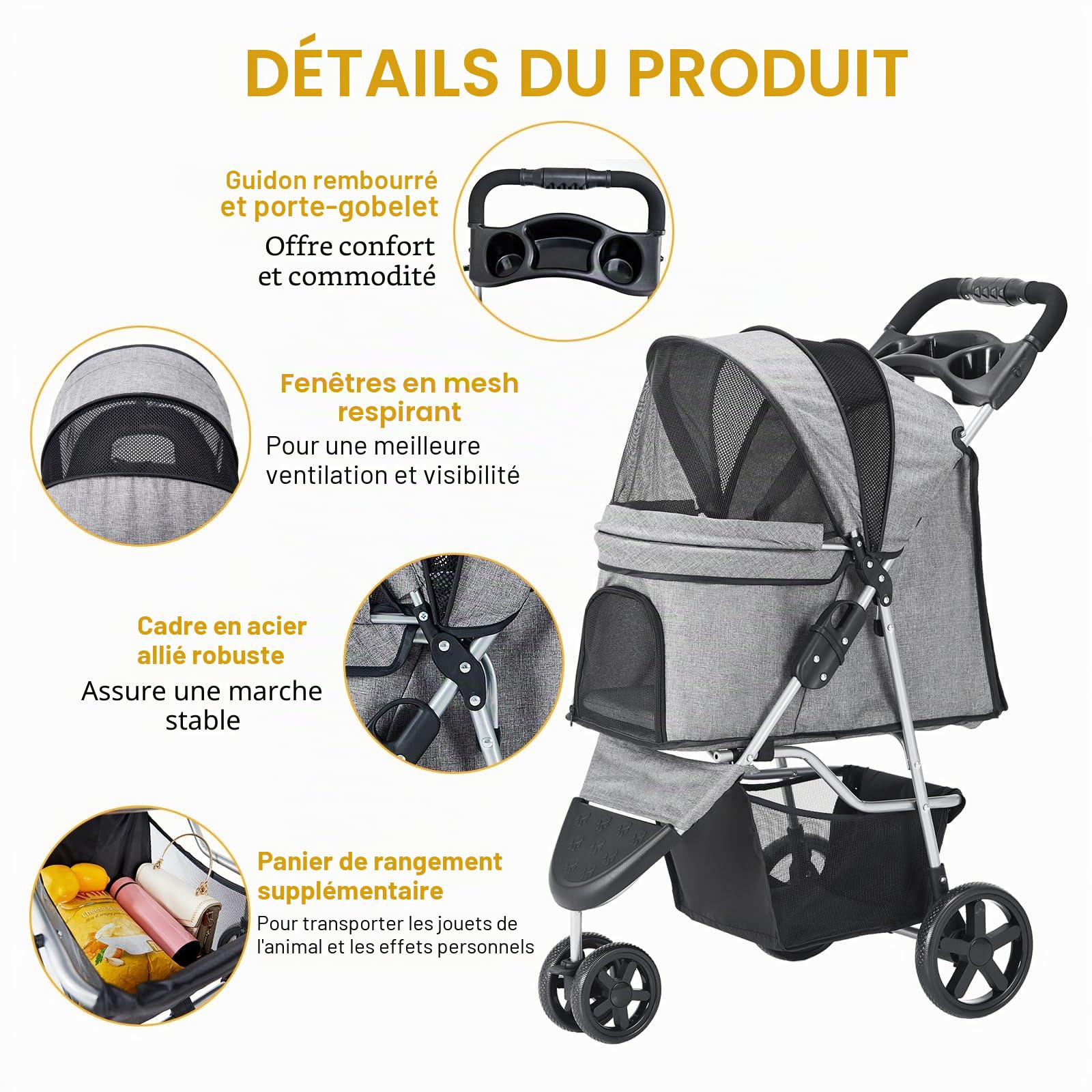 Poussette Chien Chat Animaux 15kg Pliable Une Main, Tissu Oxford 600D, Frein Sécurisé, 3 Roues Buggy Tout Terrain avec Panier, Grise