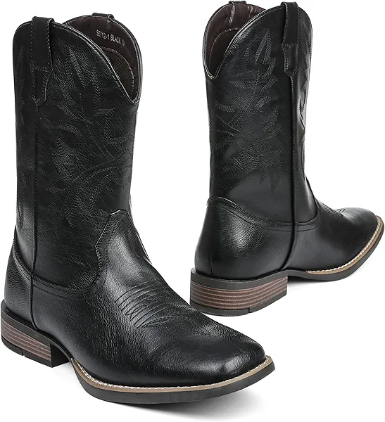 Grakihily Cowboy Boots For Men with Wide Square Toe Western Retro Boot Durable Classic Fashionable Embroidered Country Pull On Resistant Boots