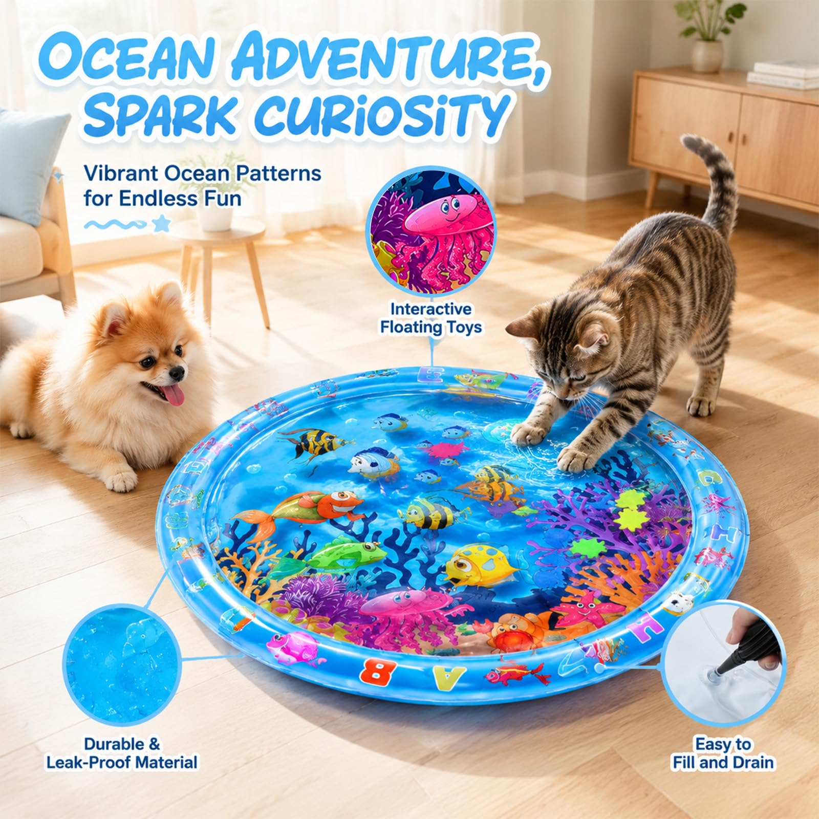 Wasserspielmatte Katze, Kühlmatte Katzen Hund, Wassermatte Baby, Spielmatte Sensorik Spielzeug Wasser, Interaktives Katzenspielzeug Wassermatte für Haustier Innen Außenbereich 95x95CM