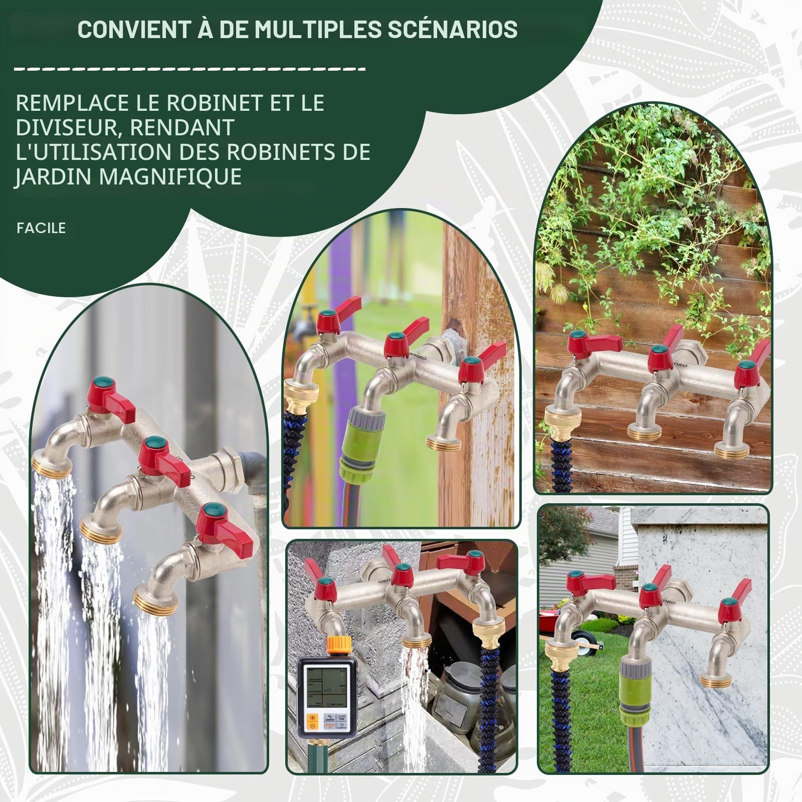 Robinet 3 voies, robinet de jardin et répartiteur 2 en 1, distributeur de robinet en laiton avec poignée allongée, entrée 1/2" et trois sorties 3/4" avec adaptateur de robinet marche/arrêt