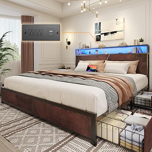 Lifezone King Bed Frame with 2-Tier Storage Headboard, Metal Platform Bed Frame with 4 Storage Drawers, Built in Charging Station & LED, Noise-Free/Metal Support/No Box Spring Needed, Coffee Brown - Coffee Brown - King