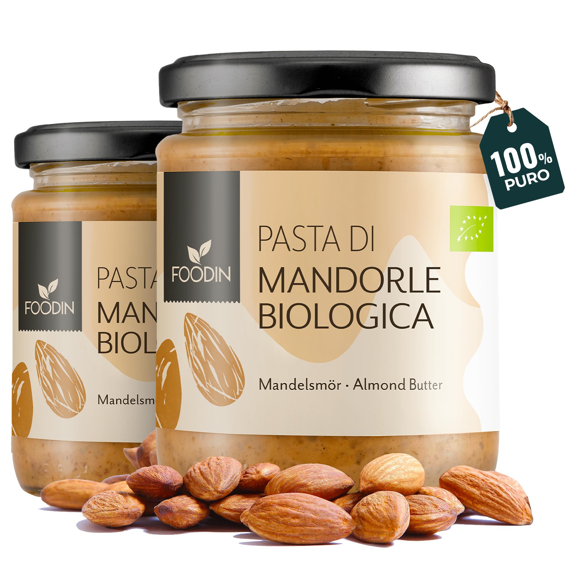 FOODIN Burro di Mandorle Marroni Bio in Vasetto di Vetro – 100% Mandorle Bio, Crema Spalmabile Naturale, Fonte di Proteine e Acidi Grassi, Senza Glutine, Vegano - (2 x 250 g)