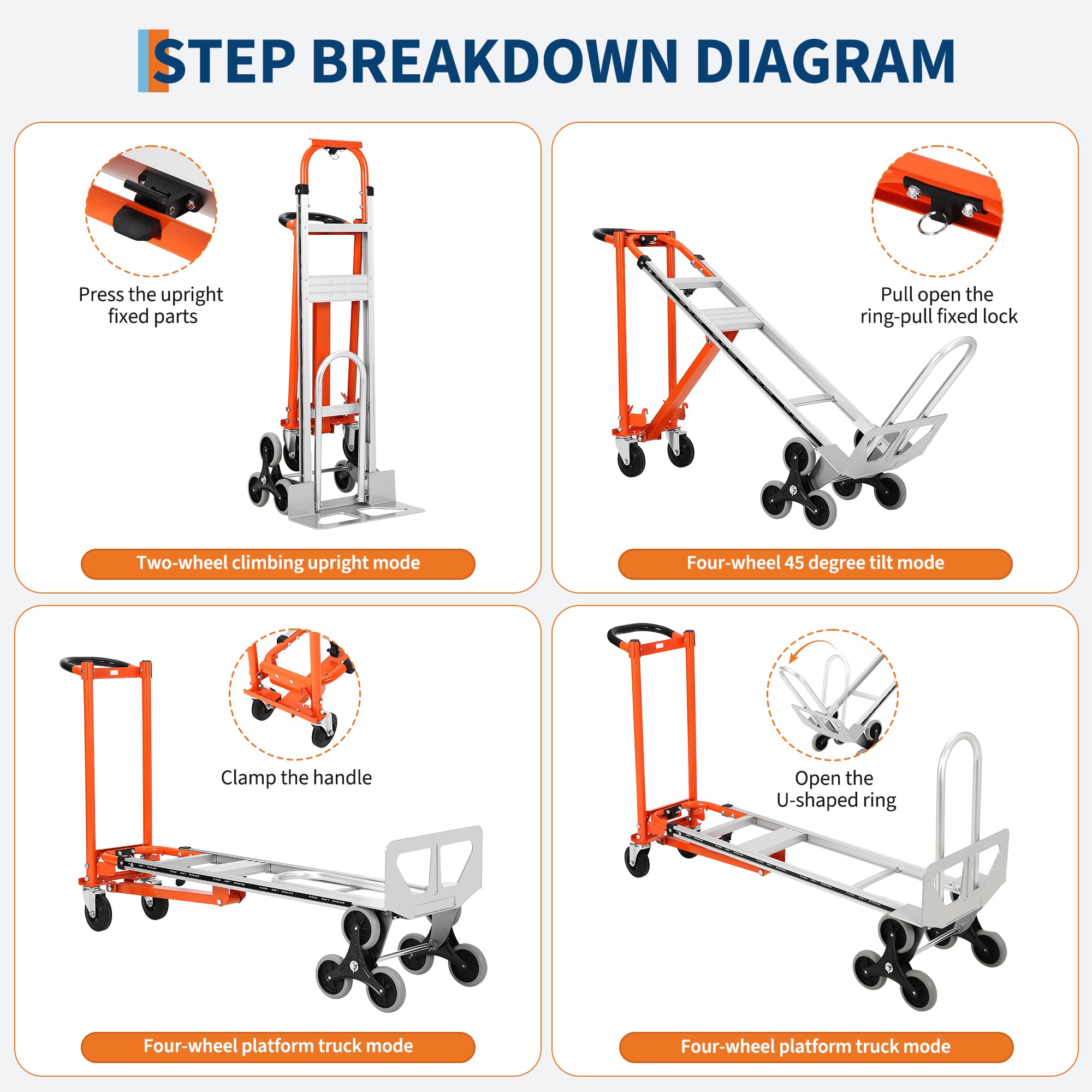 Carretilla Plegable 3 en 1, Carretilla con Ruedas para Subir Escaleras Resistentes a Pinchazos, Capacidad de Carga de 340 Kg, Material de Aleación de Aluminio, Correas Elásticas