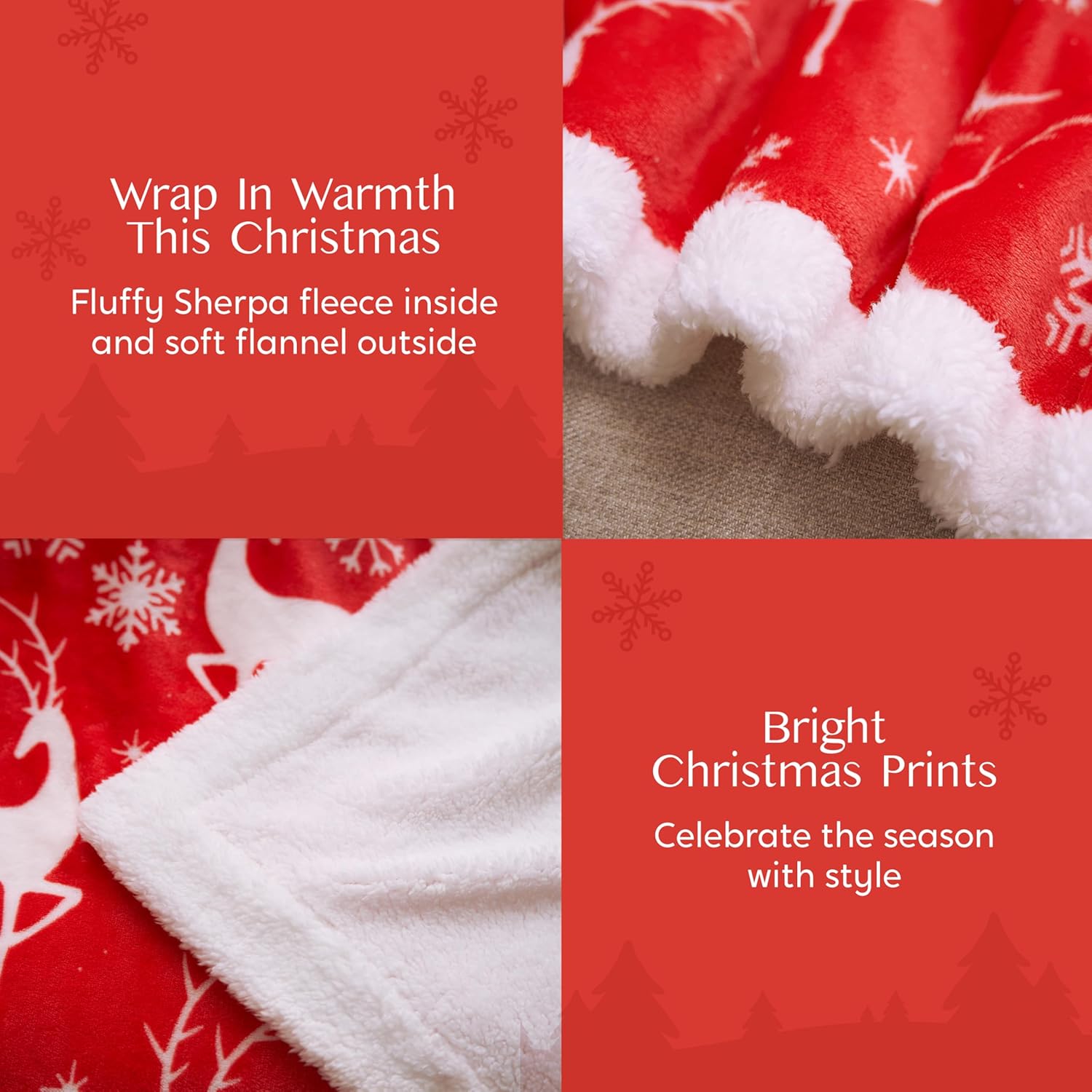Joiedomi Christmas Throw Blanket - Soft Sherpa Fleece Christmas Blanket - Reversible Warm Plush Holiday Decorative Throw - Winter Cozy Present Throw for Couch - 50” x 60" Red Reindeer - Image 5