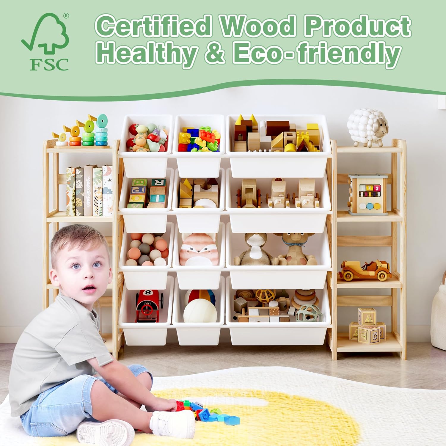 MallBest Extra Wide Toy Storage Organizer with 12 Bins and Dual Bookshelves – Solid Pine Wood Kids Toy Shelf and Bookcase for Bedroom, Nursery, or Montessori Playroom, (Natural)