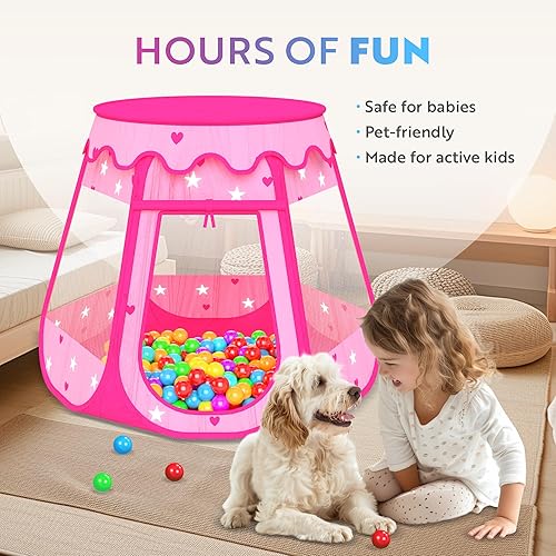 Miniatura 7 de Playz Ball Pit Princess Castle - Tienda de campaña para niñas con 50 bolas incluidas, tienda de campaña desplegable para uso en interiores y