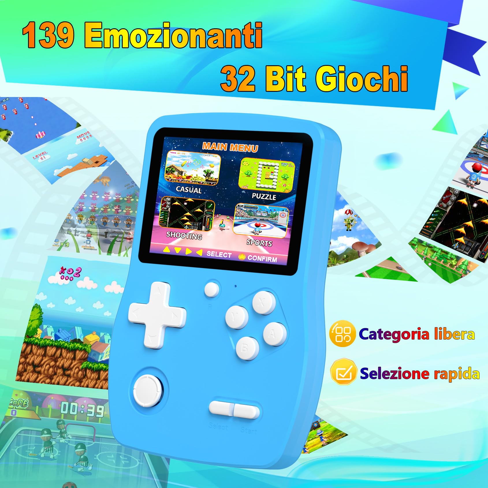 32 Bit Console Giochi Portatile per Bambini con 139 Videogiochi, Giocatore di Giochi con Schermo IPS da 3,0" e Batteria Ricaricabile, Mini Giochi da Viaggio Regali per Ragazzi Ragazze (Blu)