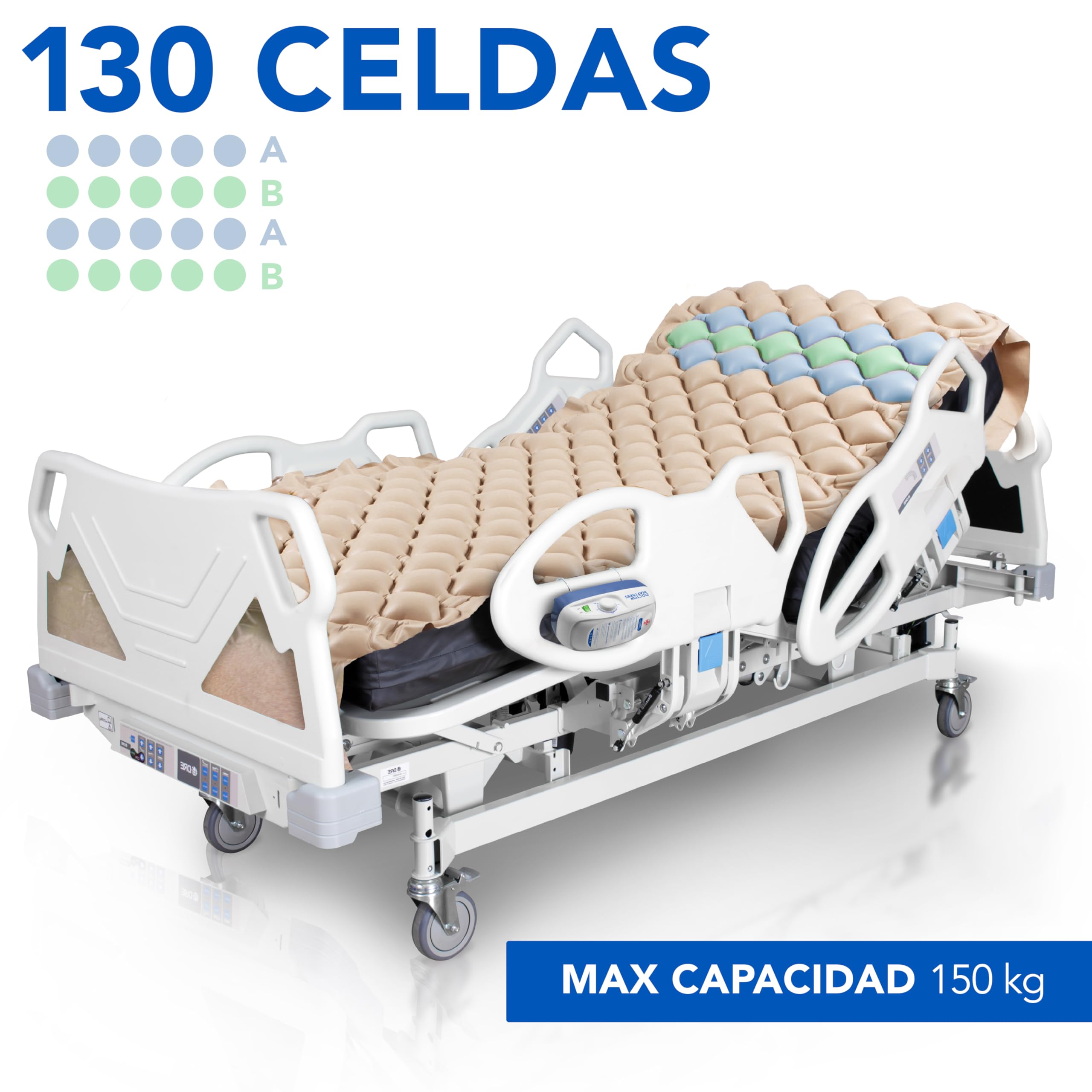 AIESI® Colchón antiescaras de Burbujas de Aire de Repuesto con Tubo de conexión sin compresor, 130 Celdas, Capacidad 150 Kg, Garantía 24 Meses