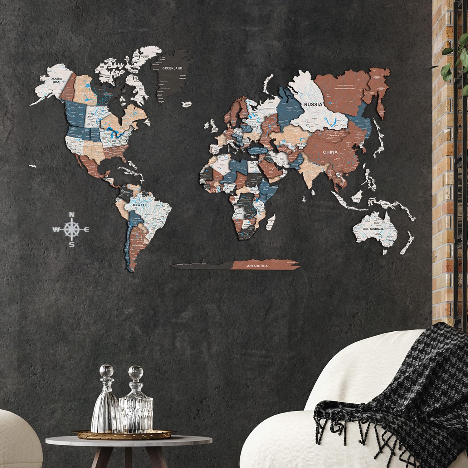 Giallobus - Mapa del mundo 3D - Mapa mundial 3D - Madera MDF - 120.5L x 70.5l cm - 06 - Multicolor wood OVERLAY - Decoración de Pared - Madera MDF Multinivel - Salón Oficina