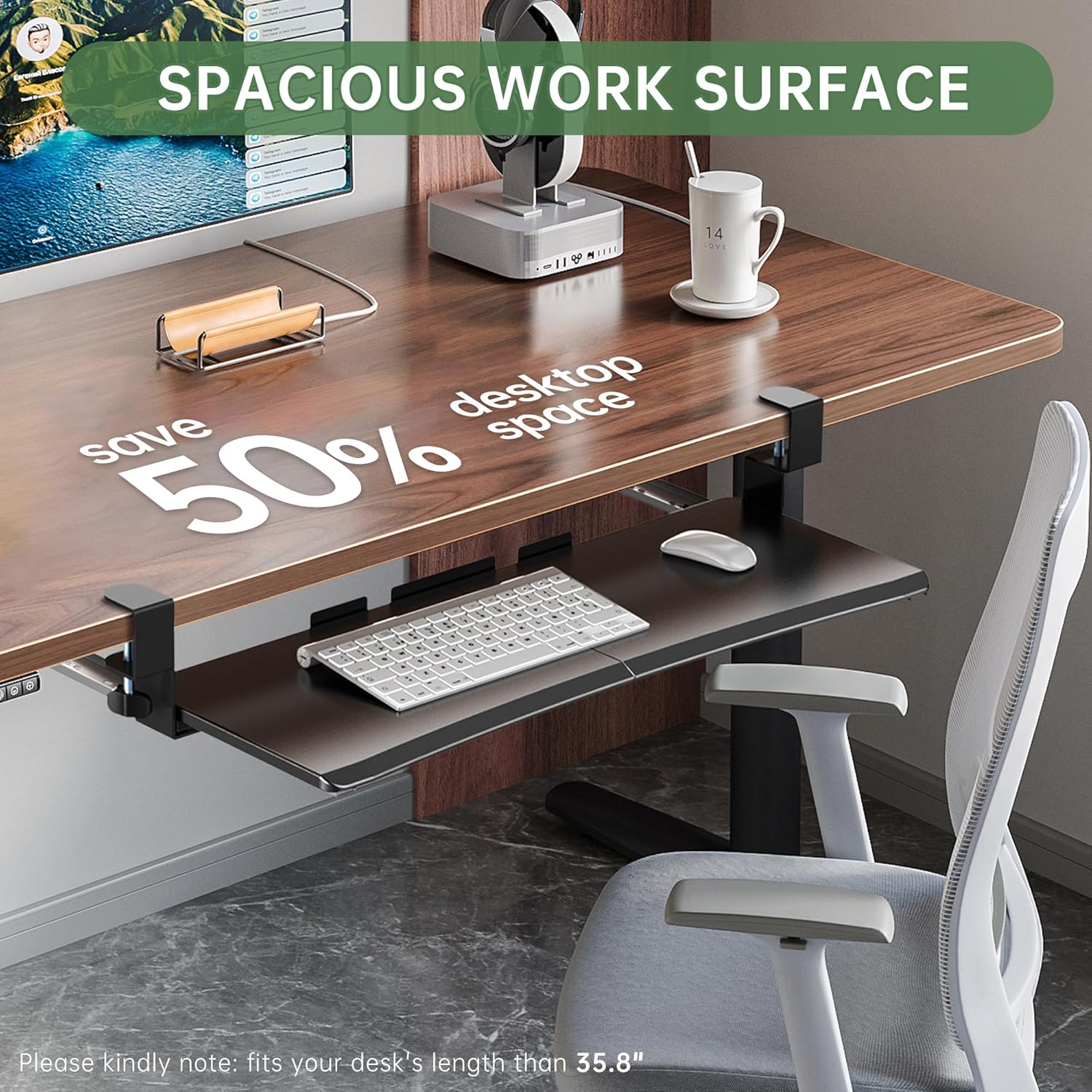 Extra Large Keyboard Tray Under Desk - Slide Out with Sturdy C-Clip Mount System, 31.5" (35.8" Including Clamps) x 11.8" Put-Out Keyboard Tray Computer Drawer for Ergonomic Typing, Black