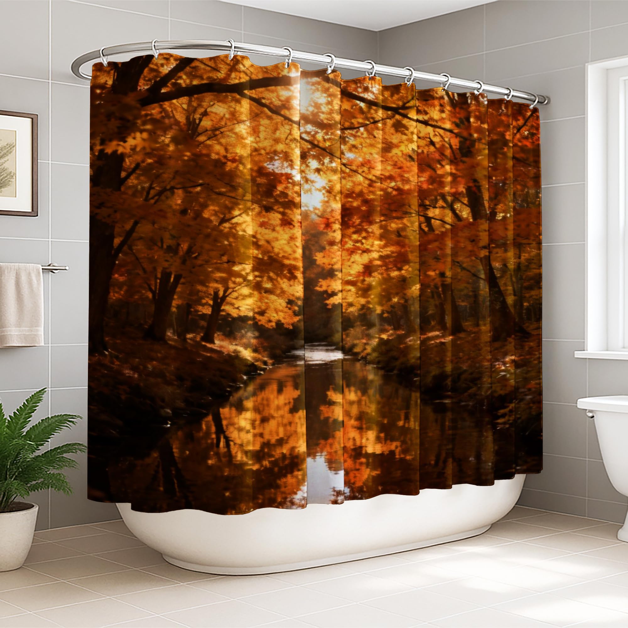 Rideau de douche extra large contre les fuites d'eau avec motif arbres de rivière