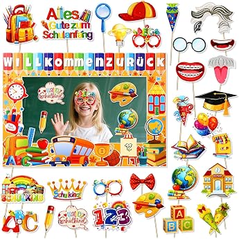 JULBEAR First Day of School Decoration Pack of 31 Photo Props First Day of School Paper Photo Frame and Photo Box Accessories Funny First Day at School Decoration for Boys and Girls