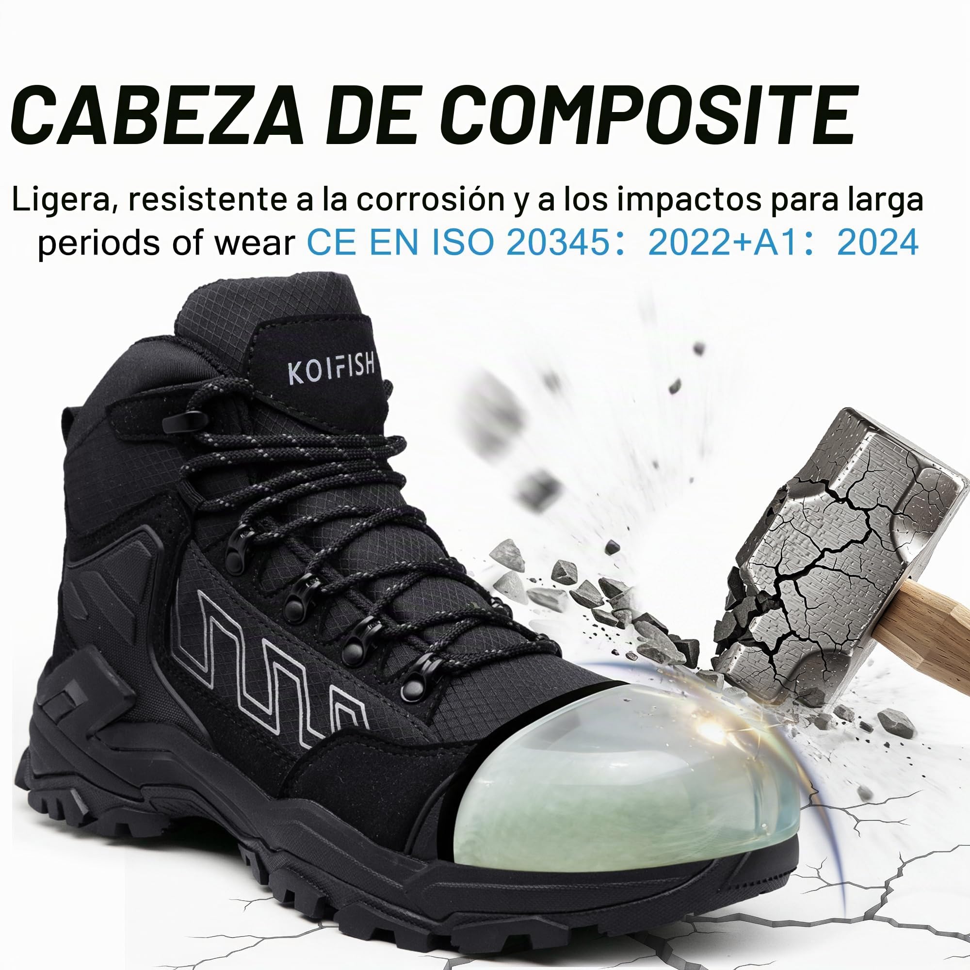 KOIFISH Botas de Seguridad para Hombre Mujer S3 Impermeable Botas de Trabajo Punta Compuesta Antideslizante Antiestático Calzado de seguridad de Caña Alta