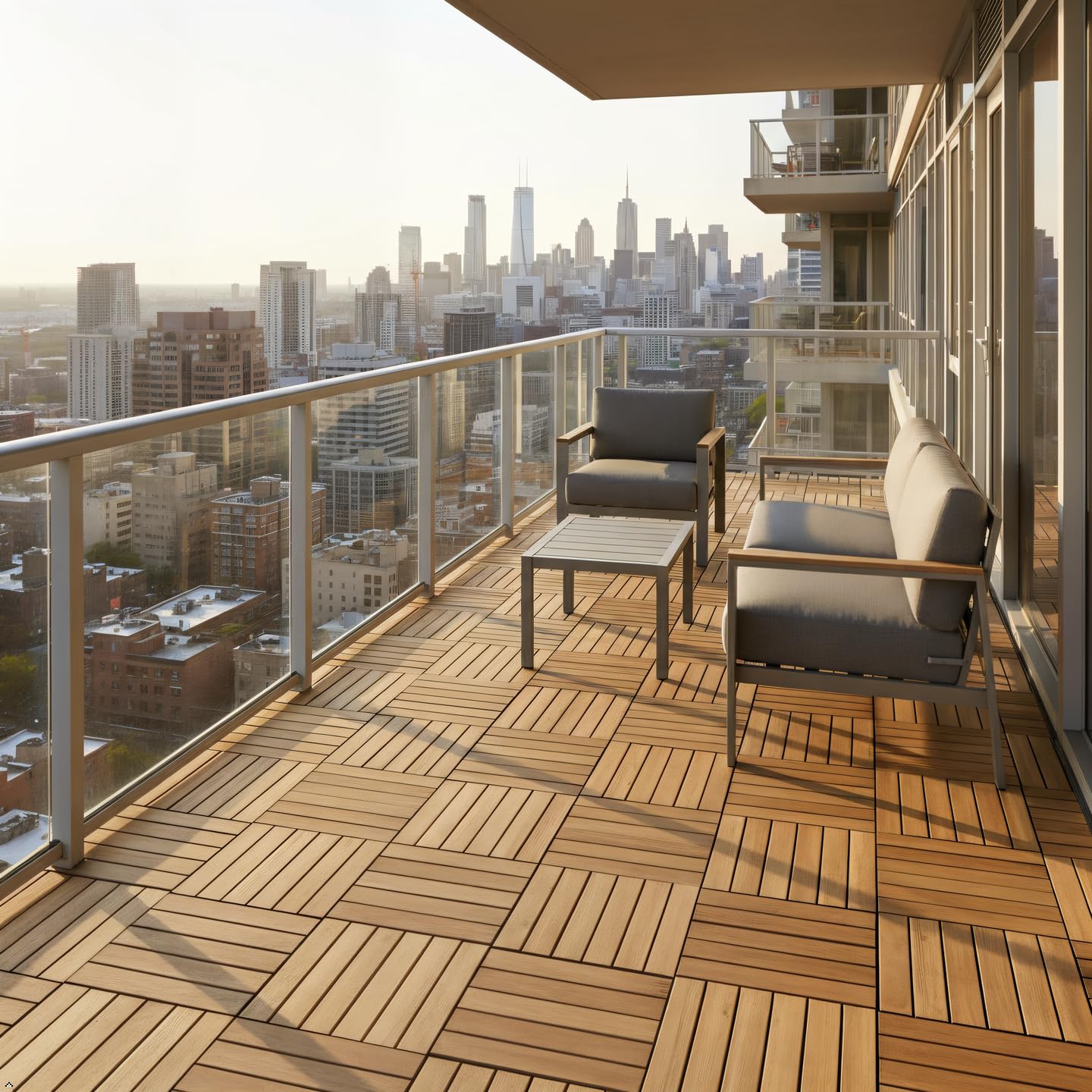 VICTORY RELAX Piastrelle ad incastro per pavimenti in legno di acacia, 9 pezzi, 12 doghe in rovere bianco, impermeabili, decorazione per interni ed esterni, per balcone, giardino, terrazza (31 x 31 x