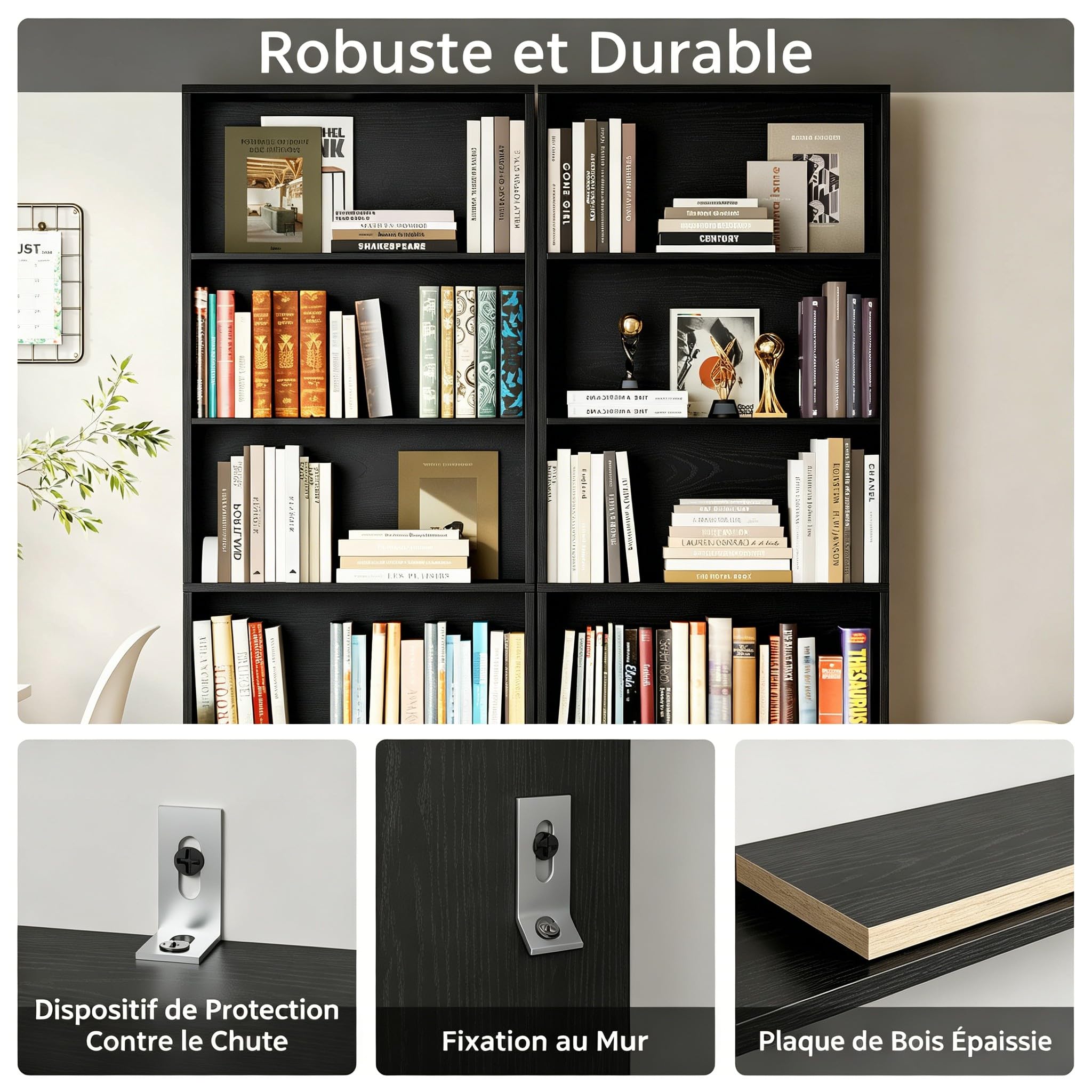 IRONCK Bibliothèque avec Portes - Étagère sur Pied à 6 Niveaux - Étagère en Bois avec Portes - Étagère de Rangement Ouverte pour Bureau, Salon, Chambre à Coucher - 180 x 60 x 23,5 cm - Noir
