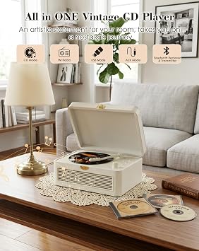 Portable CD Player Bluetooth Retro Radio with CD-Player with Speaker Support USB & AUX Playback with Remote Control Dust Cover PU Leather White