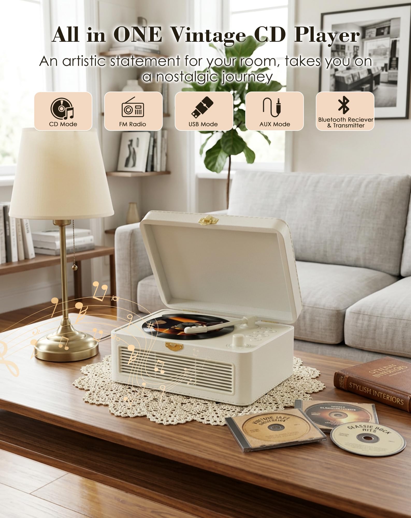 Lecteur CD Portable Bluetooth, Radio rétro avec Lecteur CD, Haut-Parleur, supporte la Lecture USB & AUX, avec télécommande, Housse antipoussière en Cuir PU, Blanc
