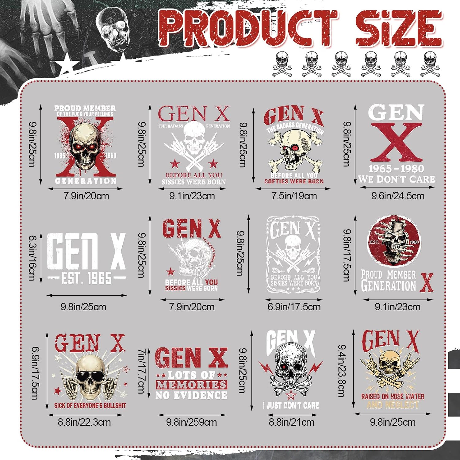 12 Pcs Gen x Iron on Patches x Generation the Ultimate Tribute to the Badass Generation Heat Transfer Vinyl Decals Stickers Gag Gift for DIY Fabric Clothing T-Shirts Decor