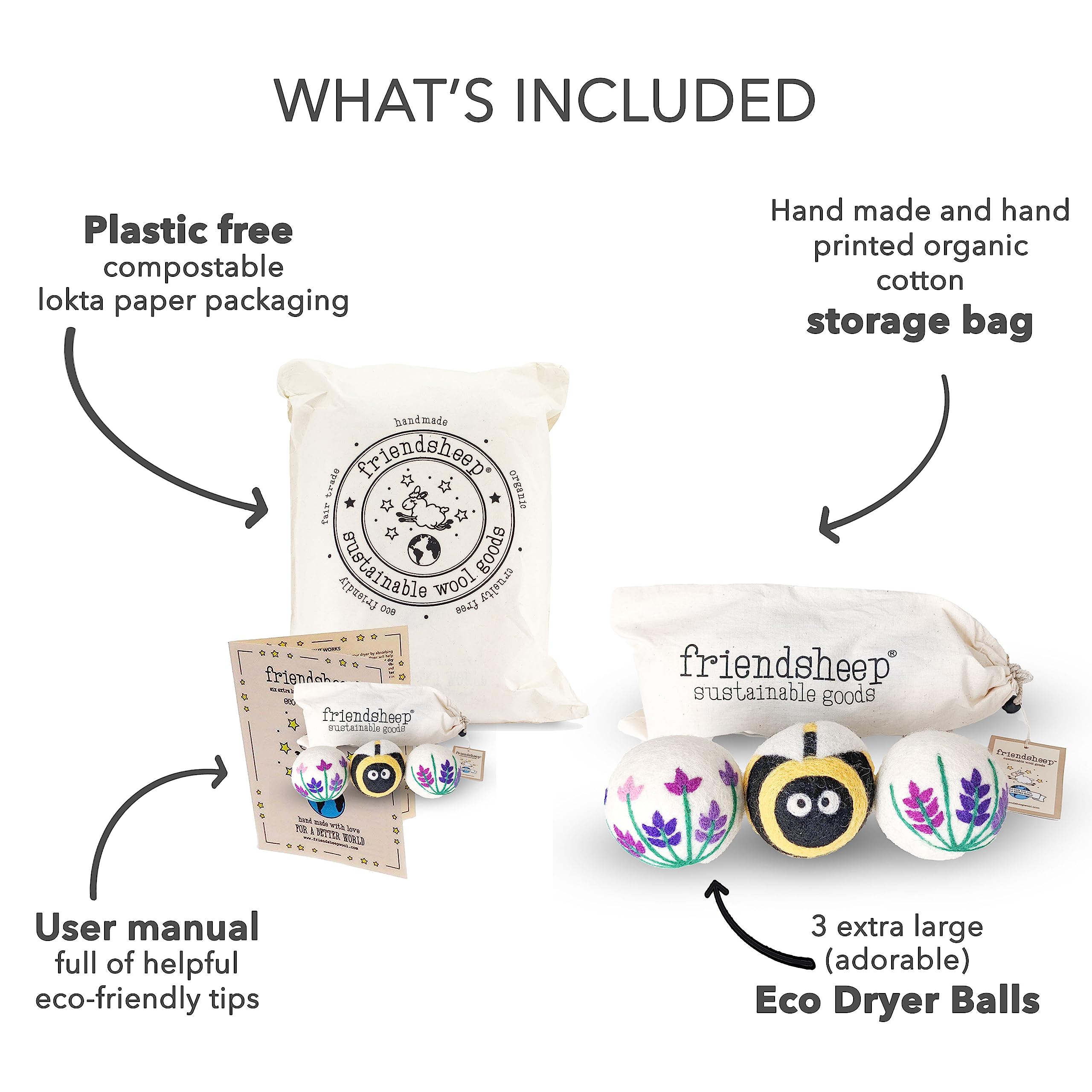 Friendsheep Lot de 3 balles de séchage en laine bio XL réutilisables sans cruauté envers les animaux Fait à la main Commerce équitable Sans peluches Champs de lavande Fleur d'abeille