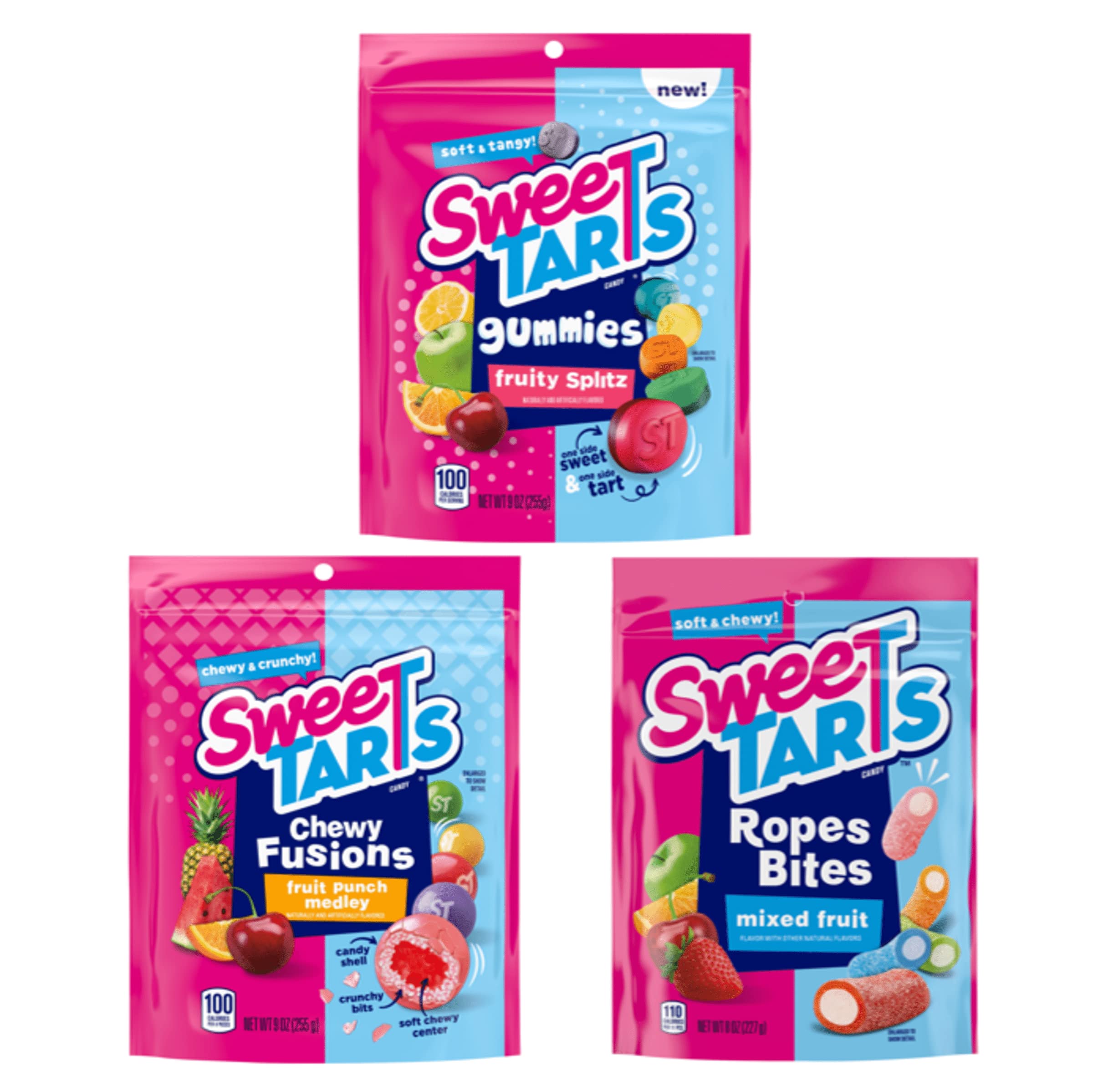 Bundle of SweeTARTS Candy Assorted - Chewy Fusion Fruit Punch Medley (9oz) + Ropes Bites (8oz) + Fruity Splitz Gummy (9oz)