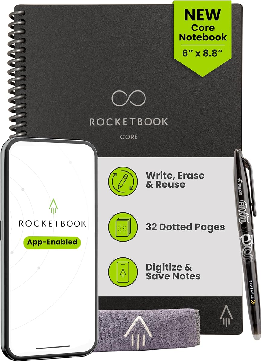Rocketbook Core Reusable Smart Notebook, Dot Grid Pages For School, Work and Creative Projects, Executive Size 6x8.8, Black - Premium