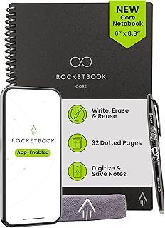 Rocketbook Core Reusable Smart Notebook, Dot Grid Pages For School, Work and Creative Projects, Executive Size 6x8.8, Black